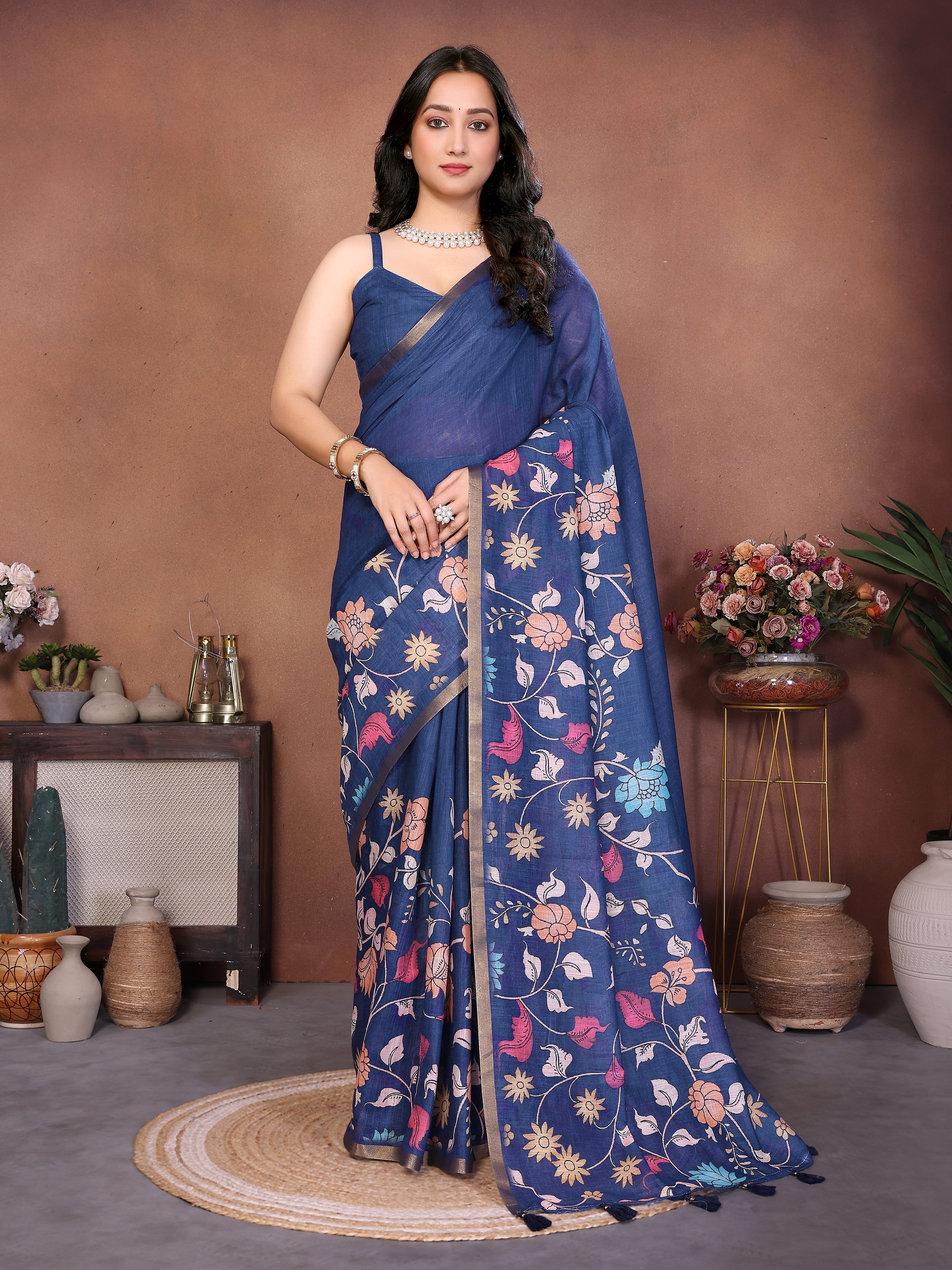 Navy Blue Floral Ready-to-Wear Saree with Pocket and Zari Border