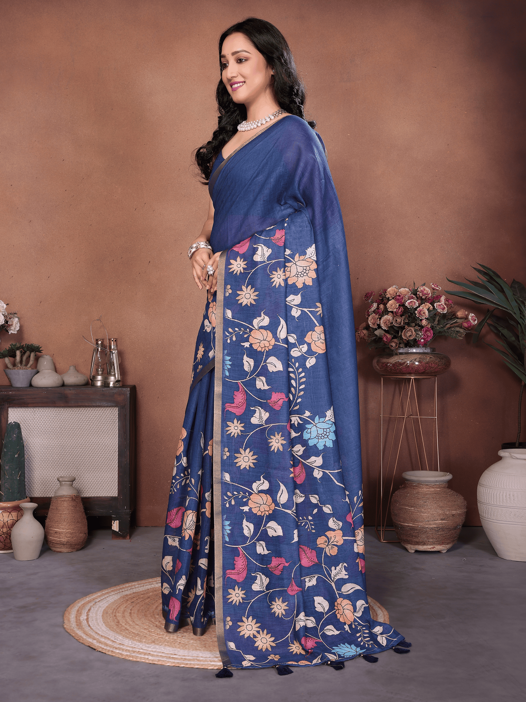 Navy Blue Floral Ready-to-Wear Saree with Pocket and Zari Border