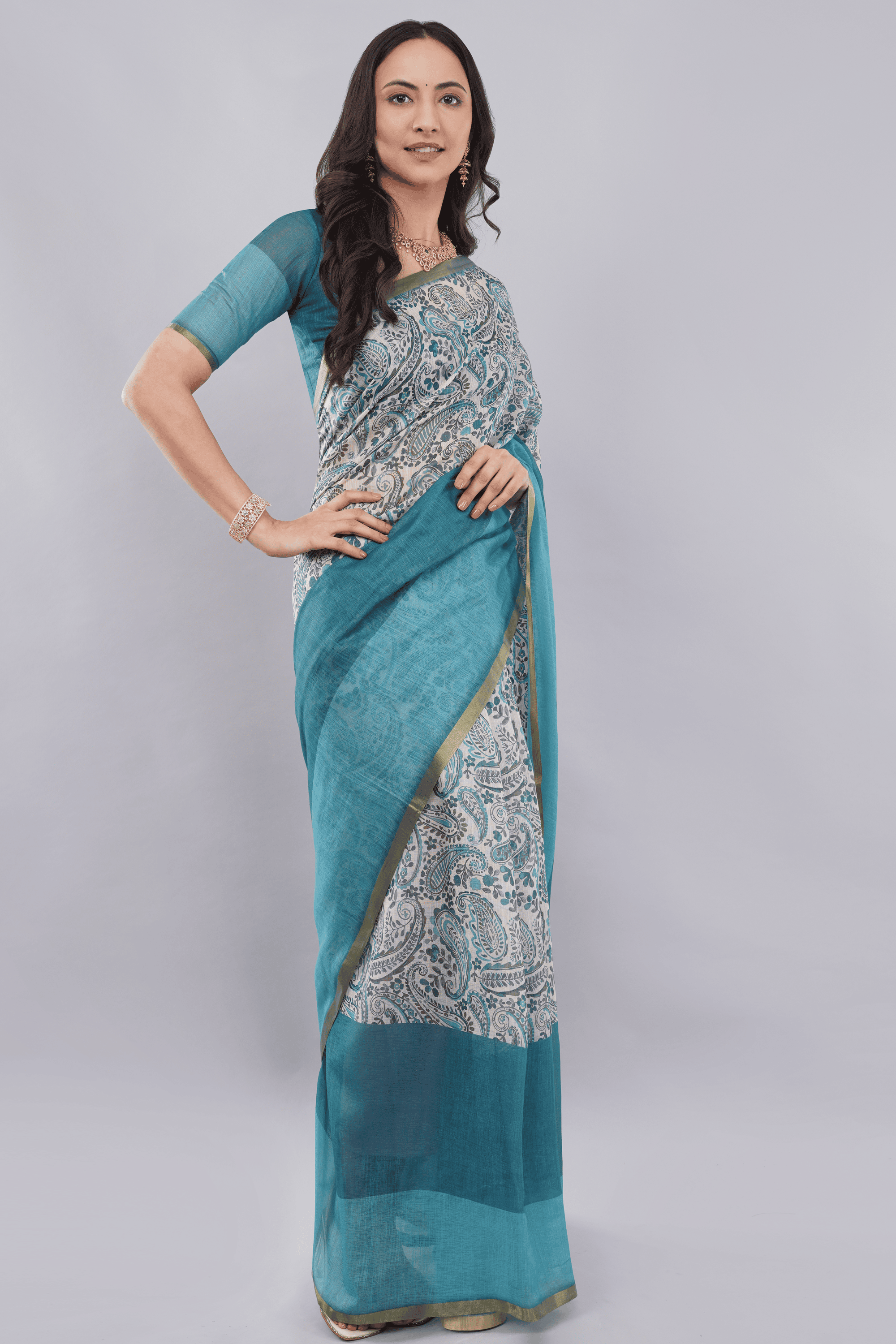 Samantha Off White Teal Paisley Printed Regular Saree with Zari Border