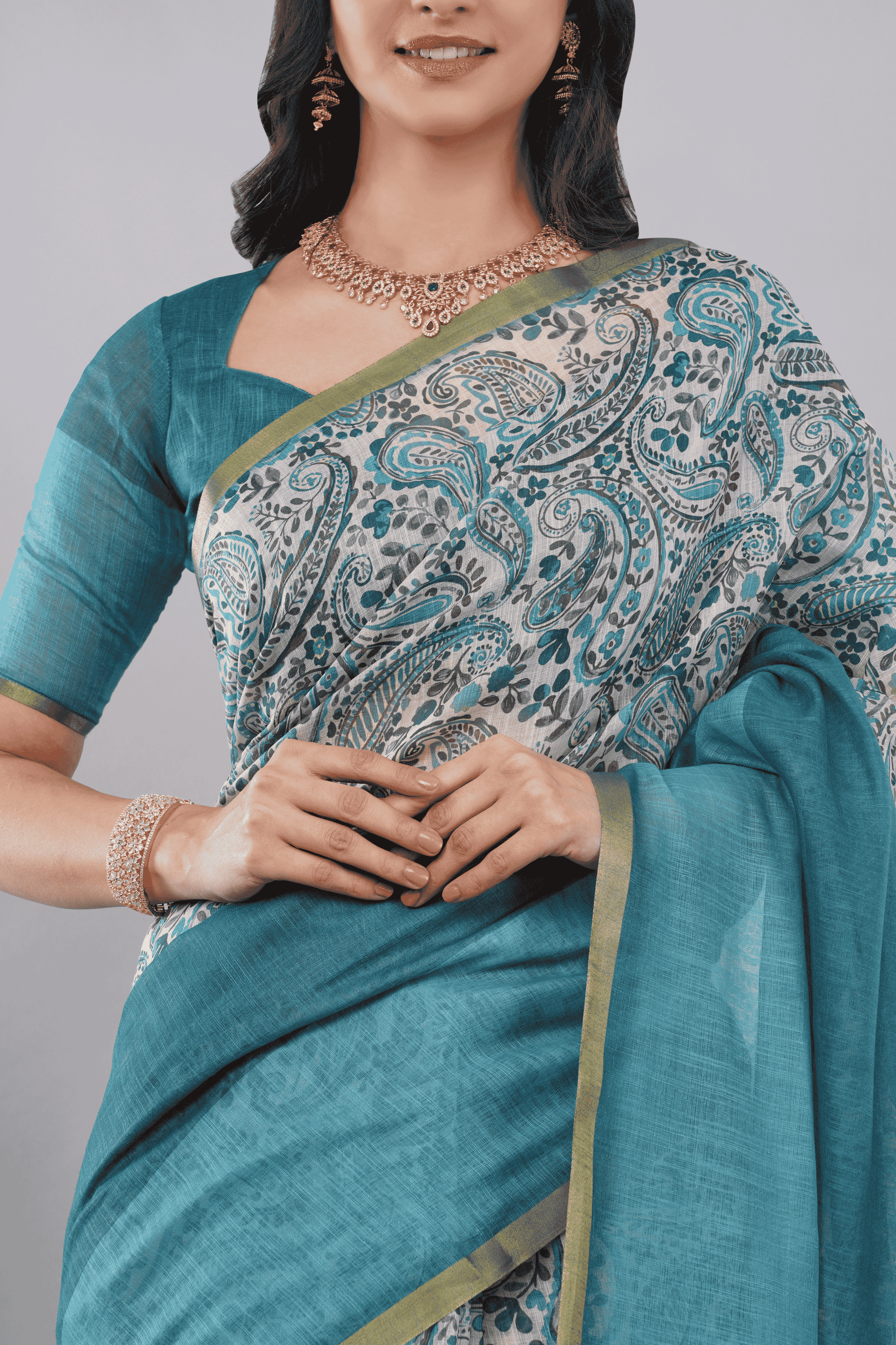 Samantha Off White Teal Paisley Printed Regular Saree with Zari Border