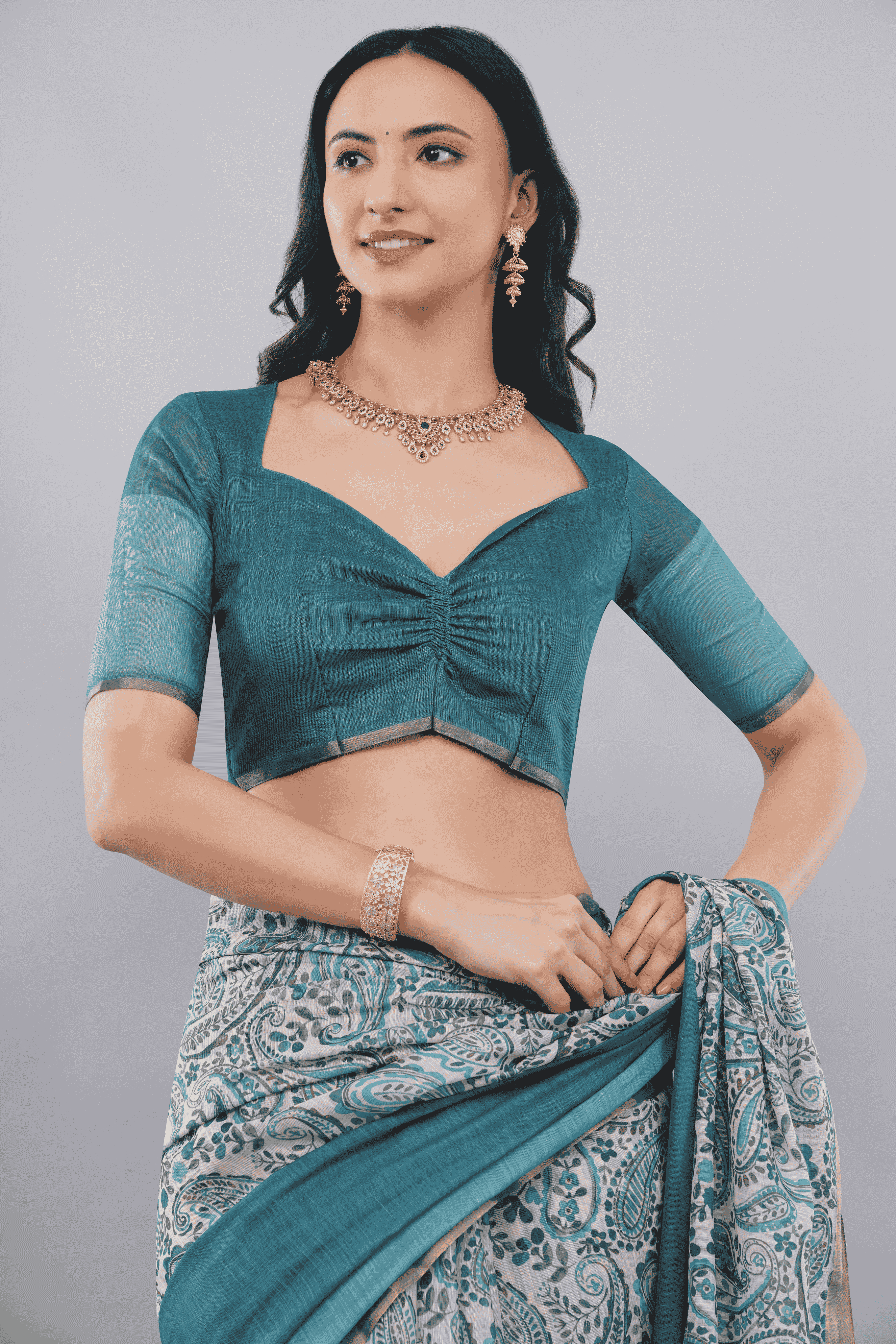 Samantha Off White Teal Paisley Printed Regular Saree with Zari Border