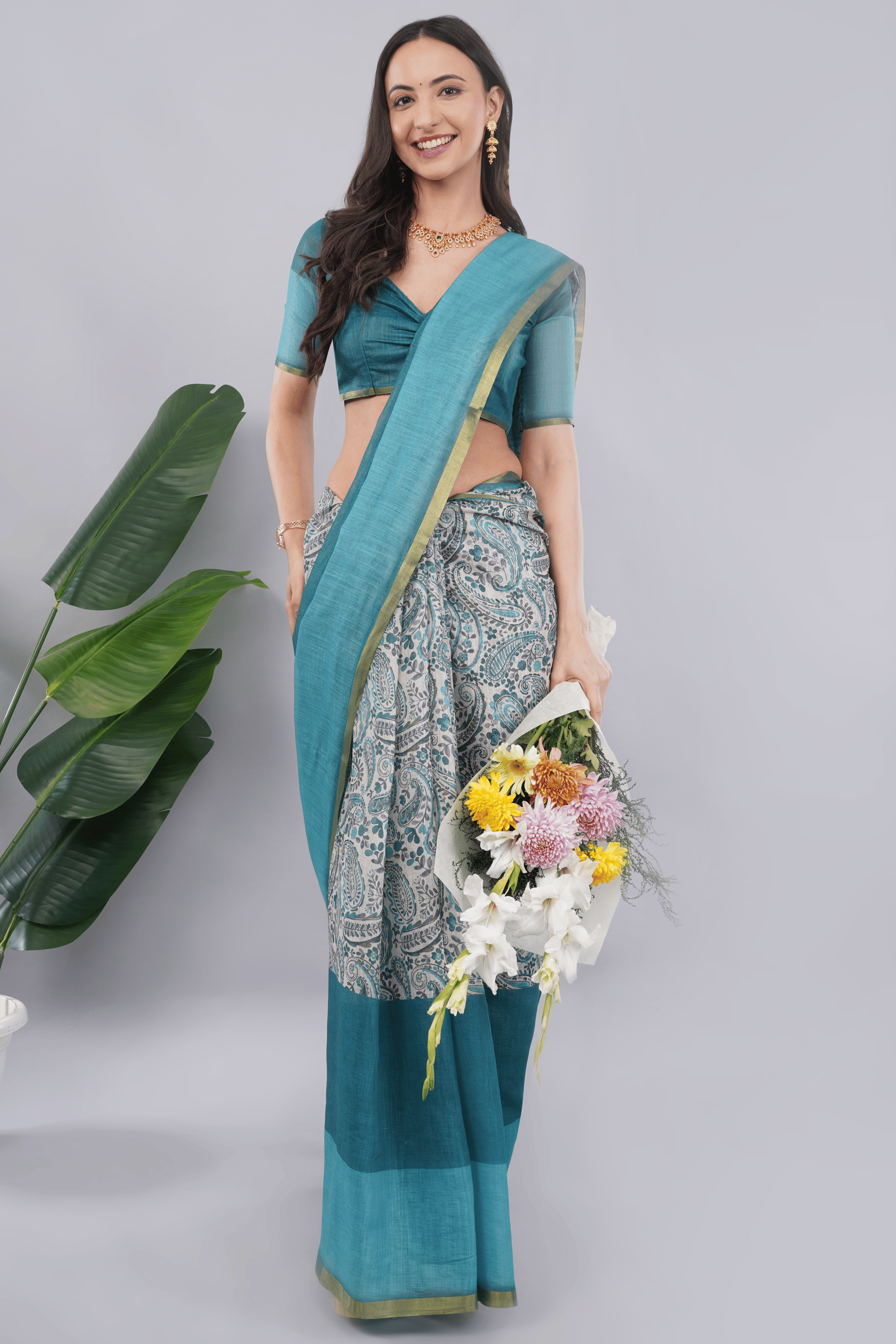 Samantha Off White Teal Paisley Printed Regular Saree with Zari Border