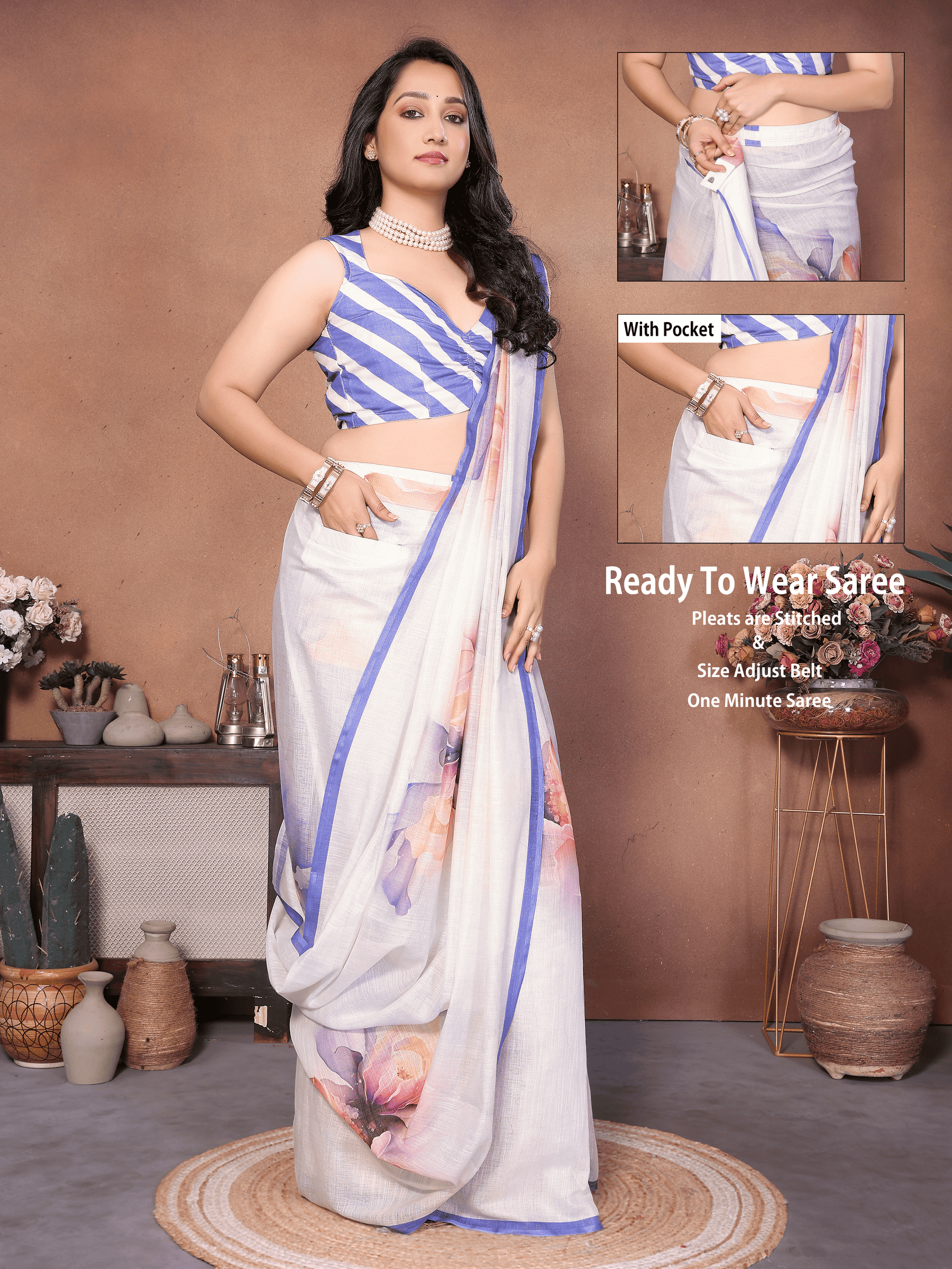 White floral print ready-to-wear saree with blue striped blouse and side pocket