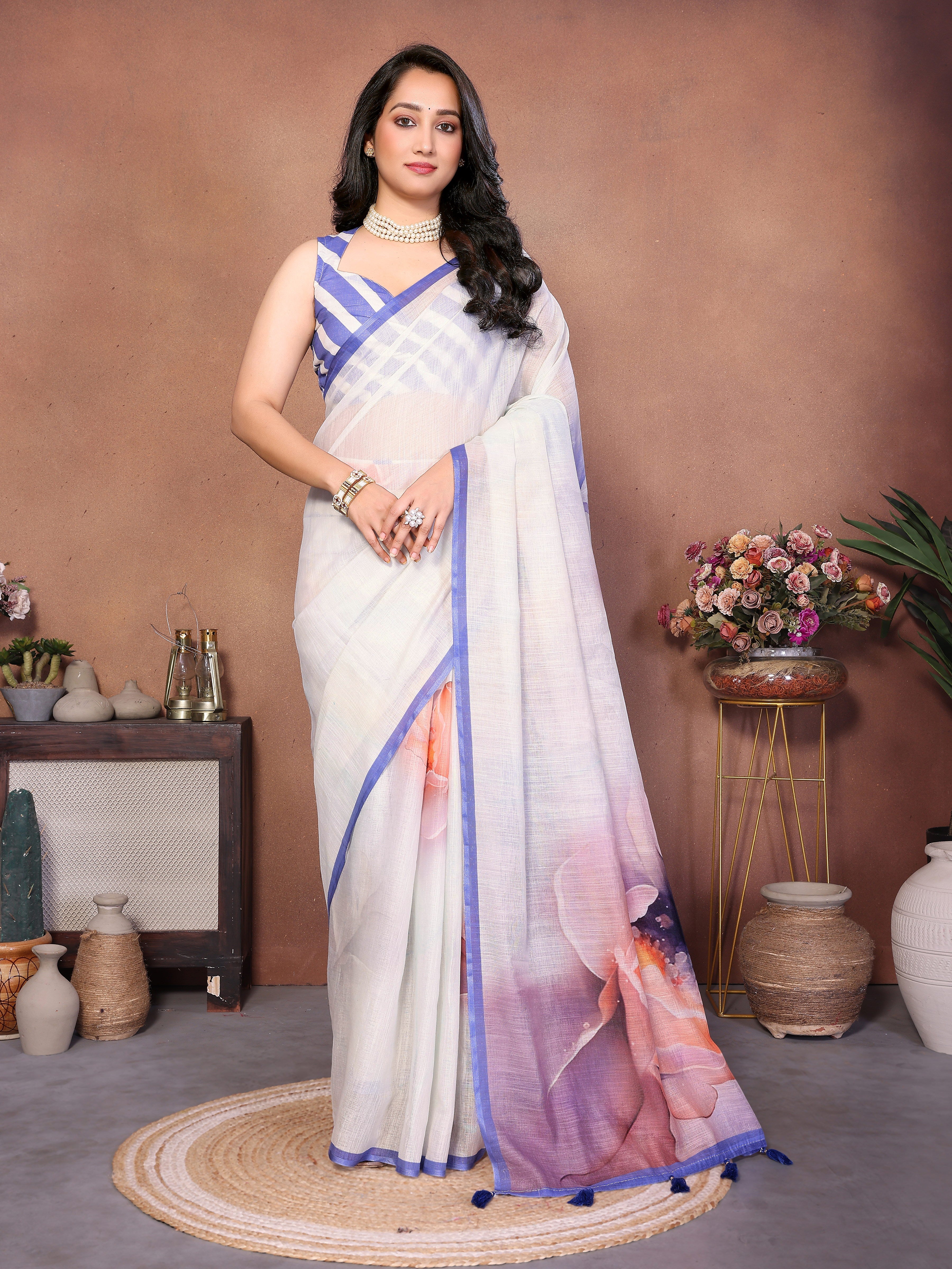 White Floral Print Ready-to-Wear Saree with Pocket and Blue Striped Ruched Blouse