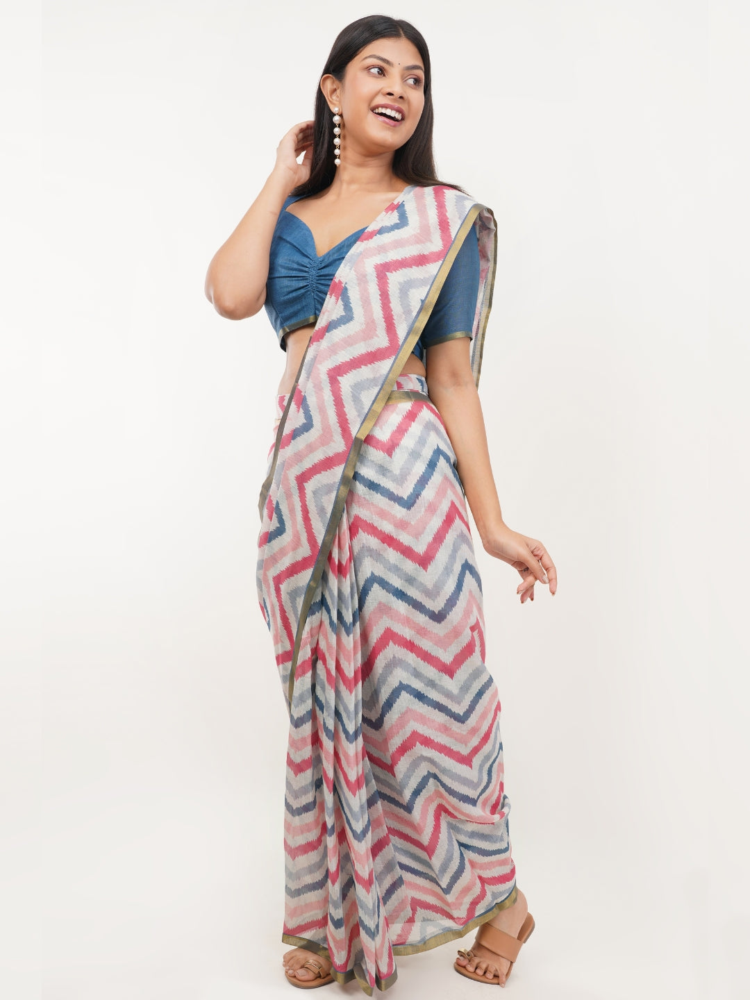 Samantha White Chevron Printed Ready-to-Wear Linen Saree with Pocket
