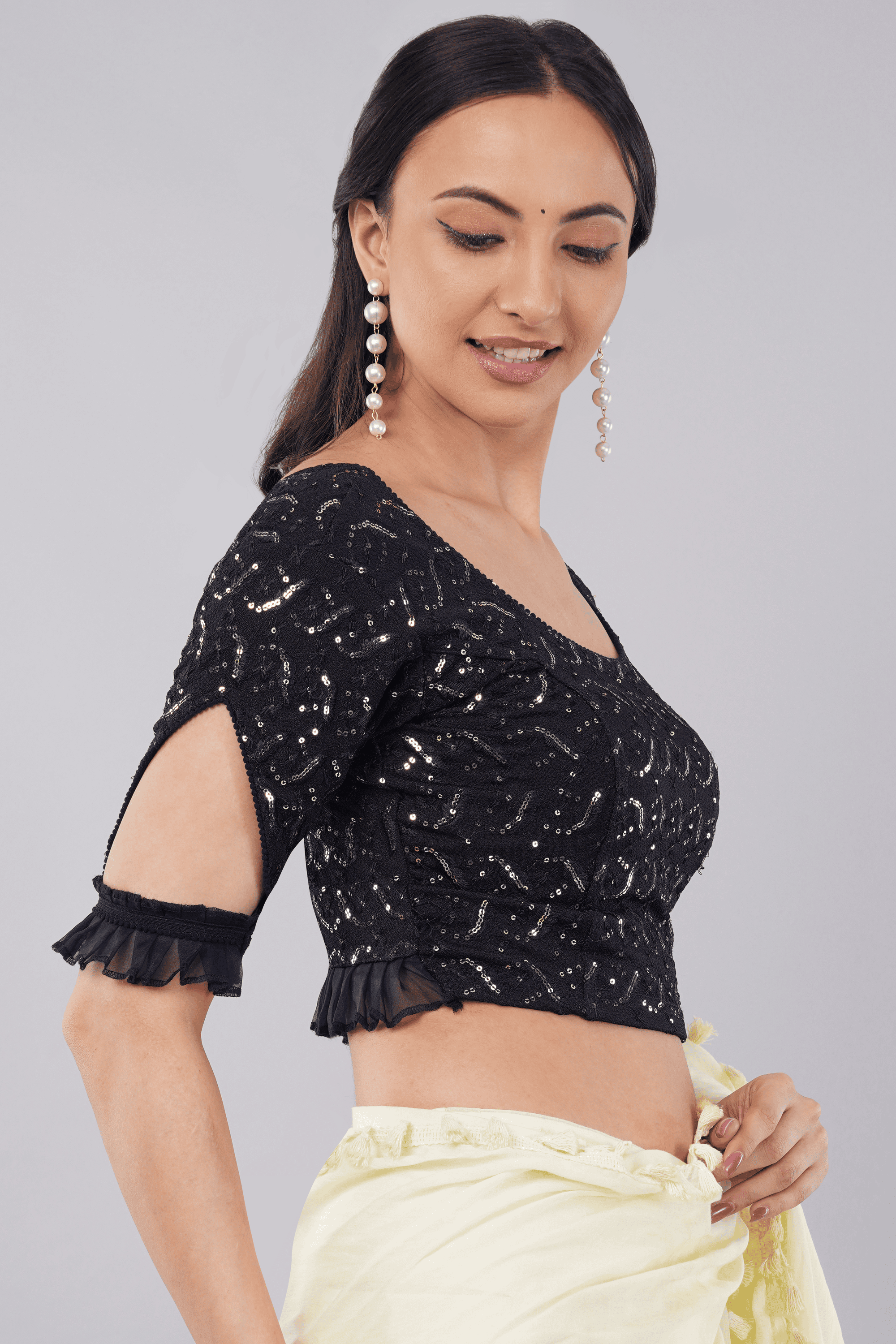 Dark Blue Sequin Lycra Blouse with Trendy Slit Ruffle Sleeves