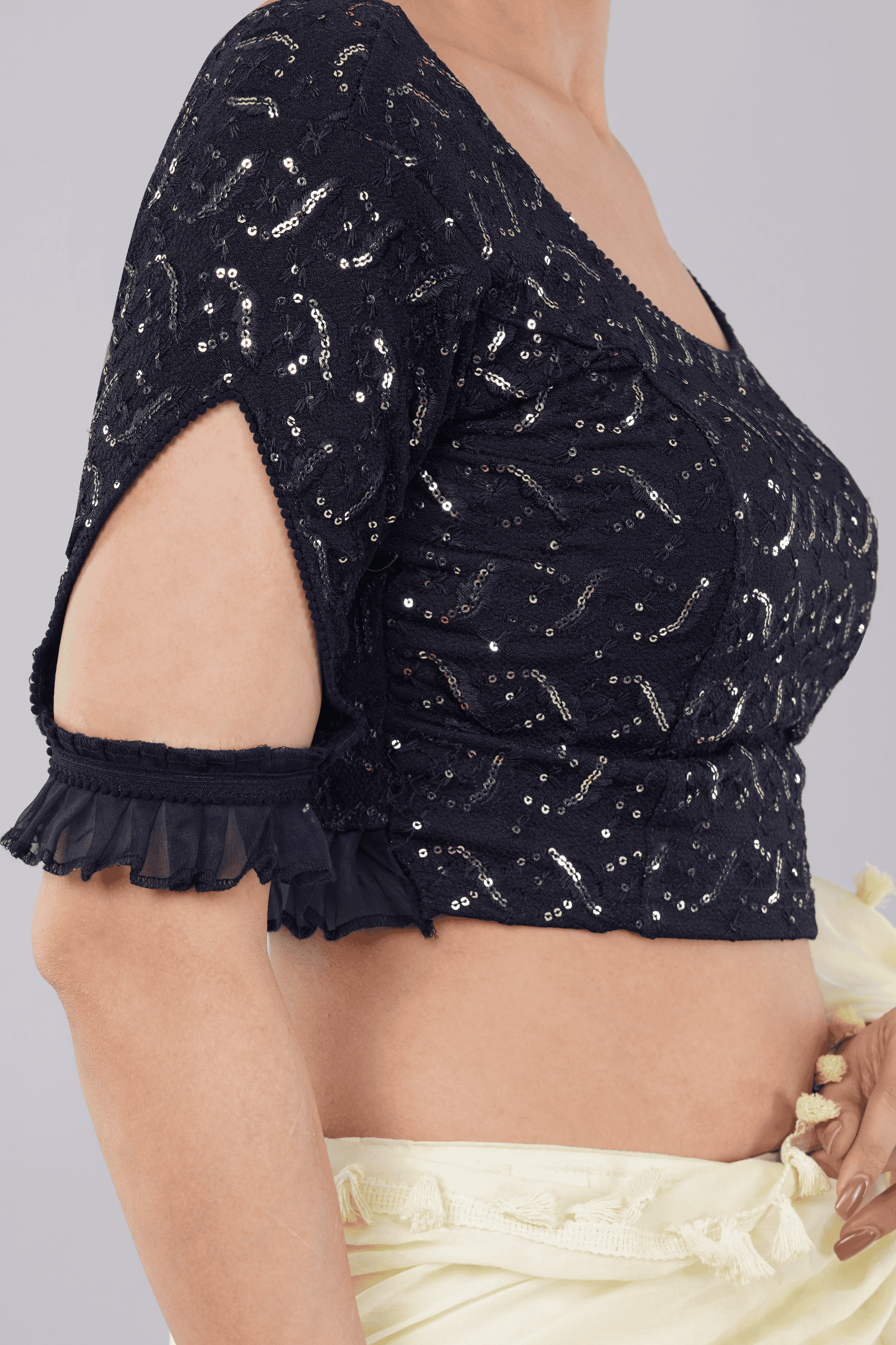 Dark Blue Sequin Lycra Blouse with Trendy Slit Ruffle Sleeves