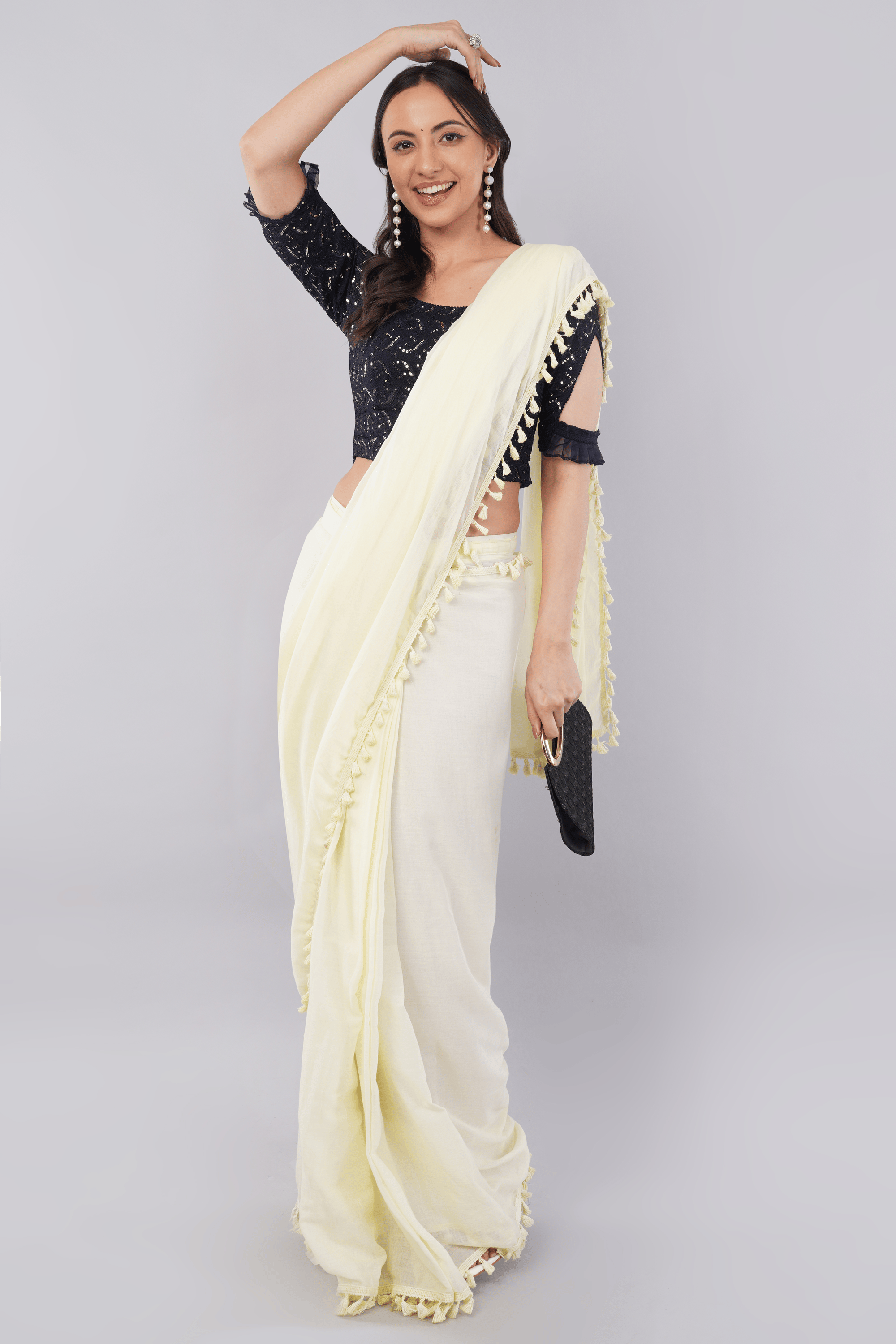 Dark Blue Sequin Lycra Blouse with Trendy Slit Ruffle Sleeves