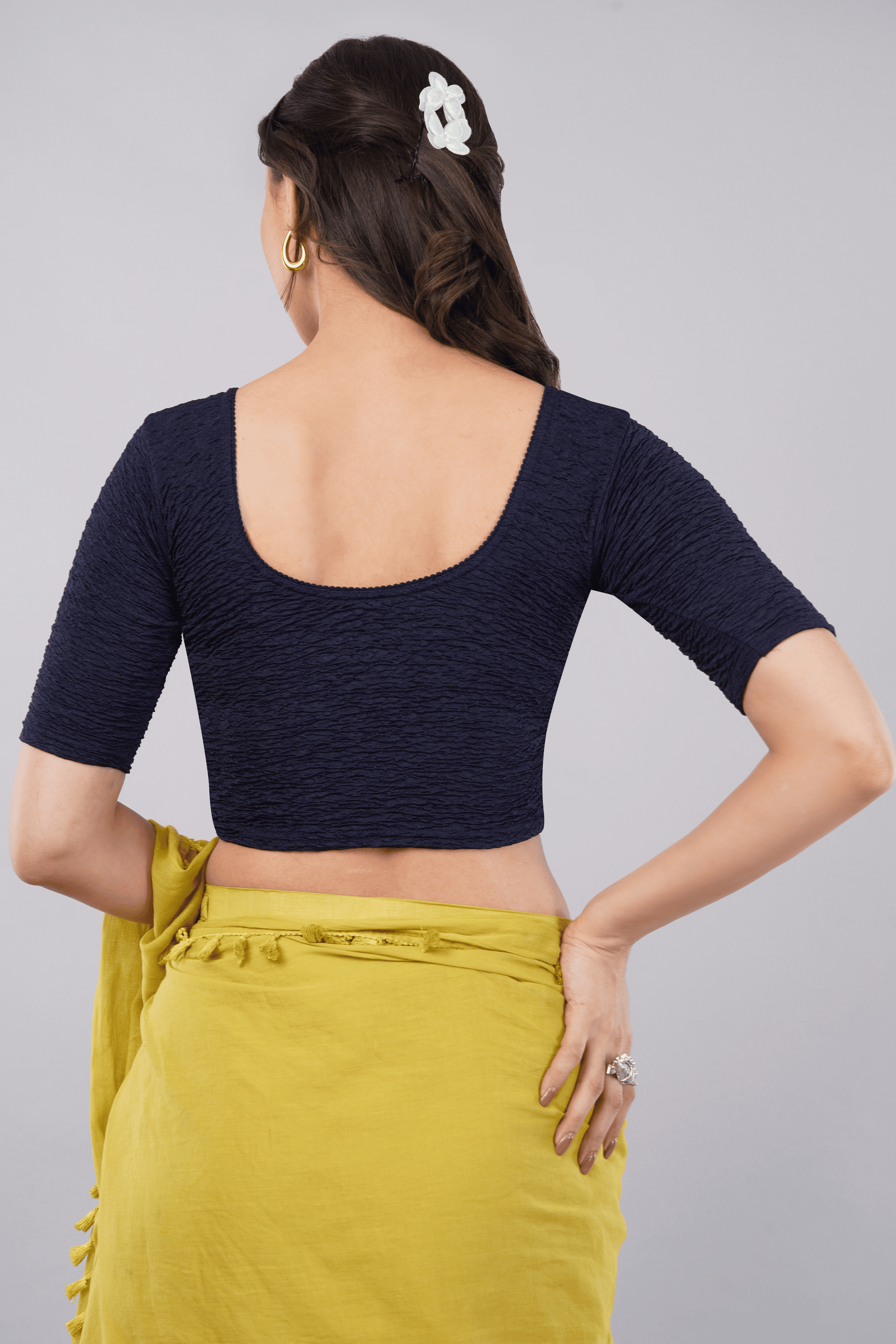 Navy Blue Solid Textured Lycra Blouse with Elbow Sleeves