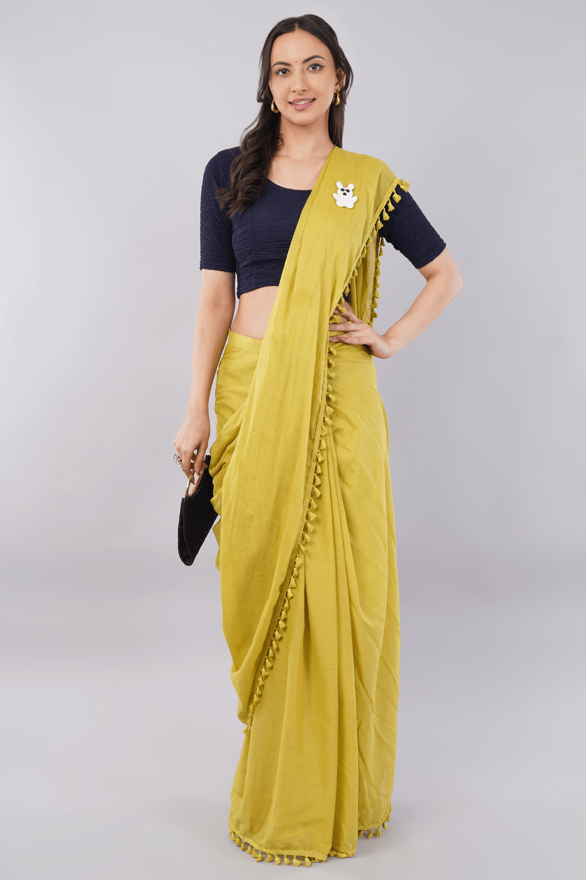 Navy Blue Solid Textured Lycra Blouse with Elbow Sleeves