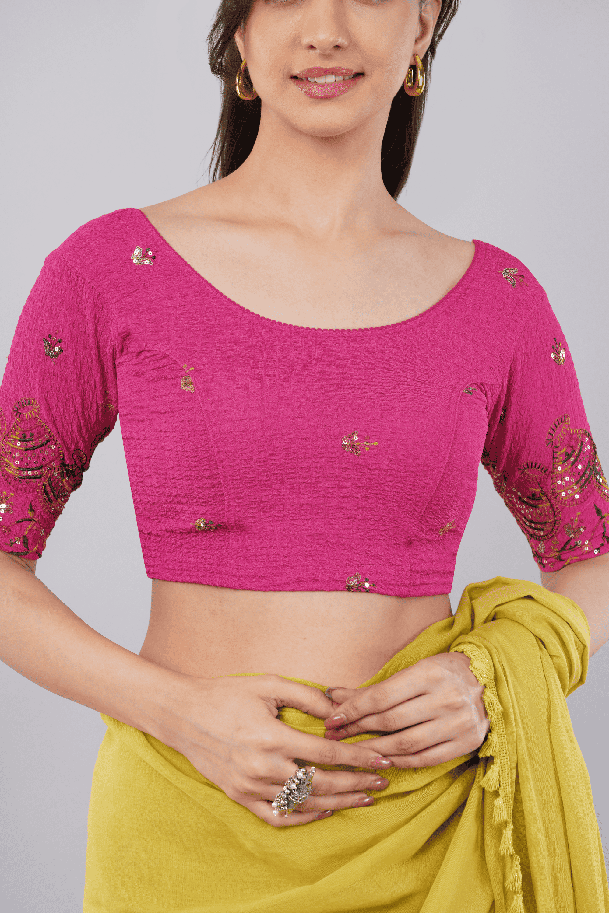 Hot Pink Embroidered Lycra Blouse with Traditional Sleeve Work