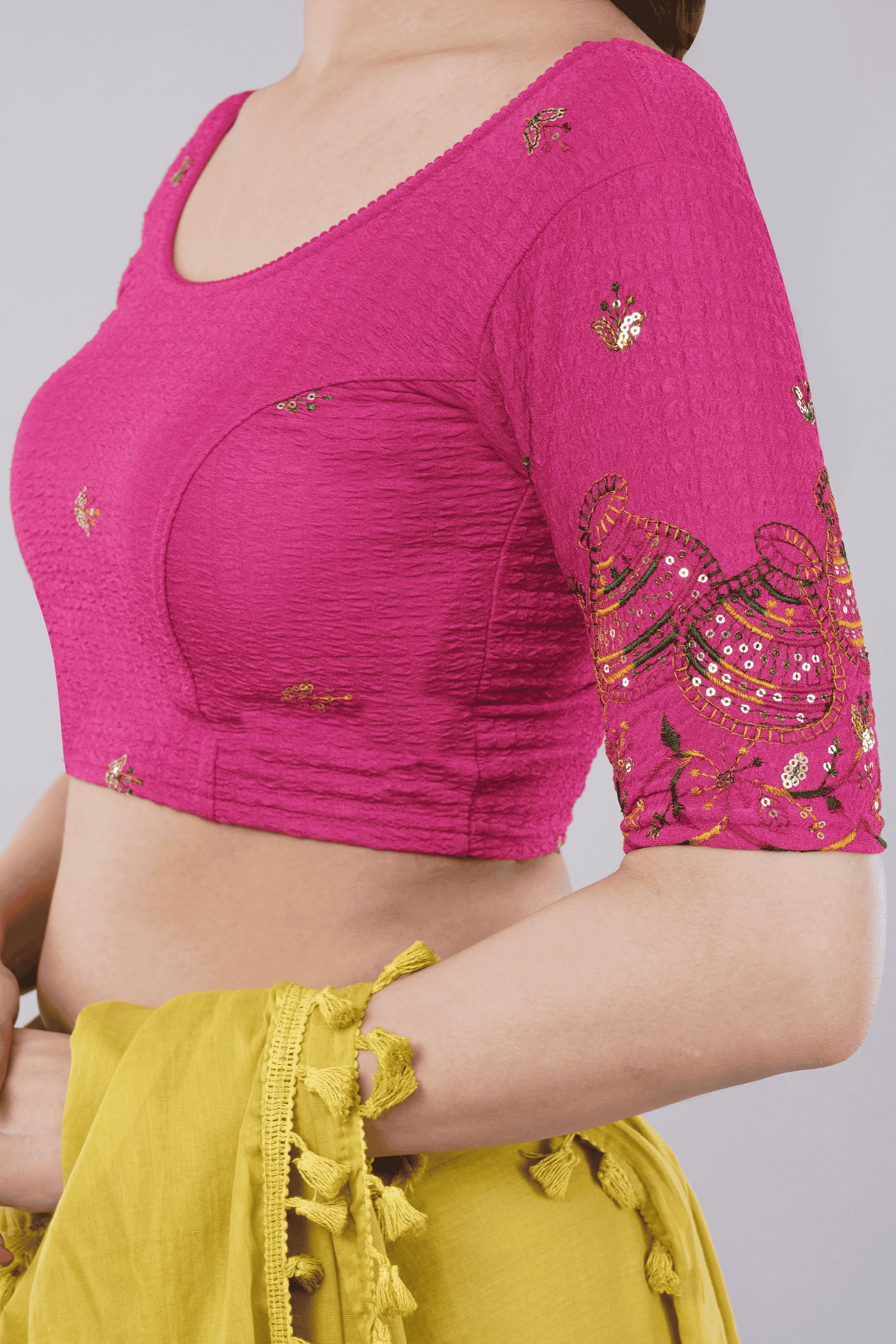 Hot Pink Embroidered Lycra Blouse with Traditional Sleeve Work