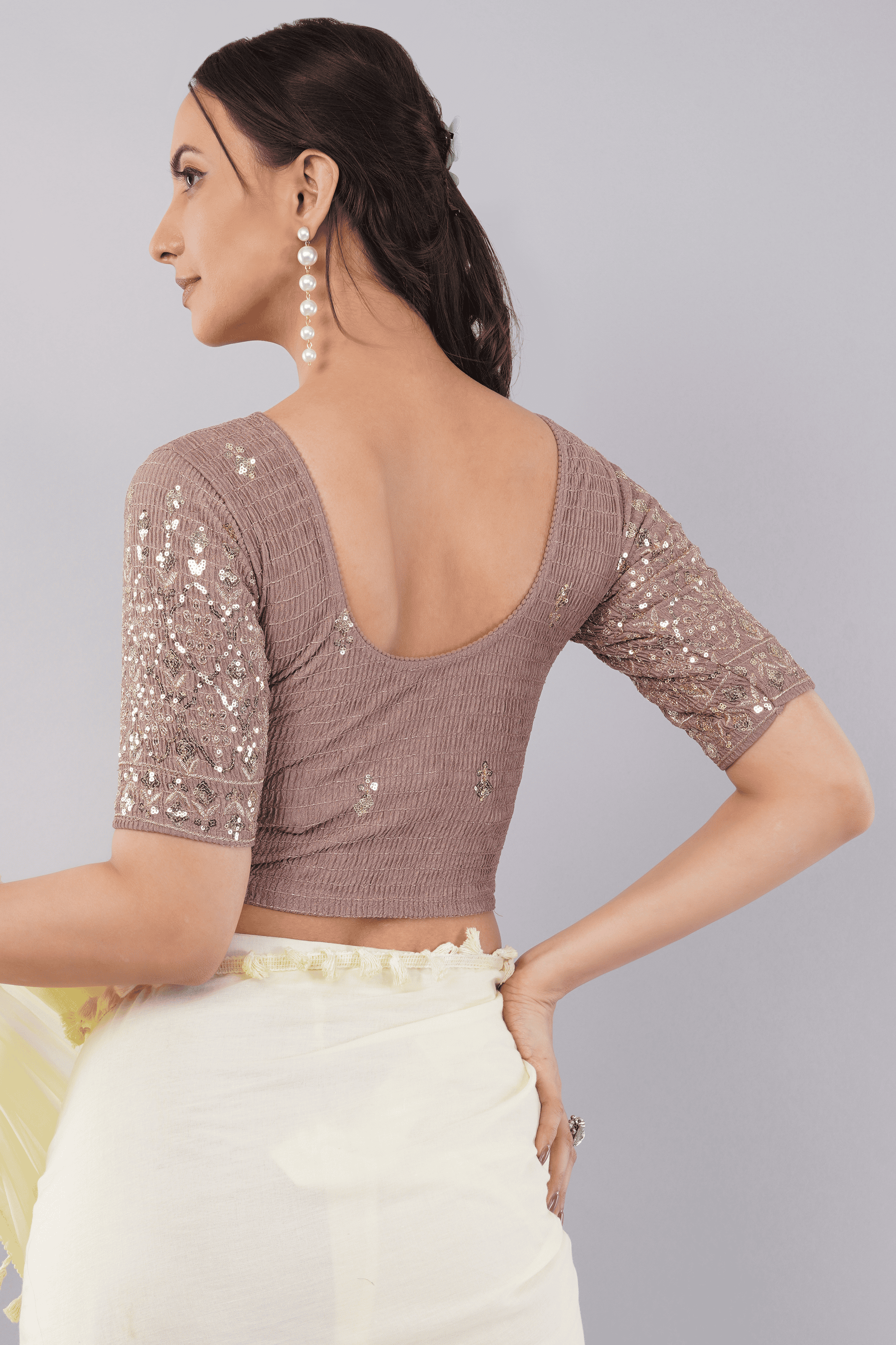 Dusty Mauve Rust Purple Embroidered Lycra Blouse with Gold Sequin Sleeves