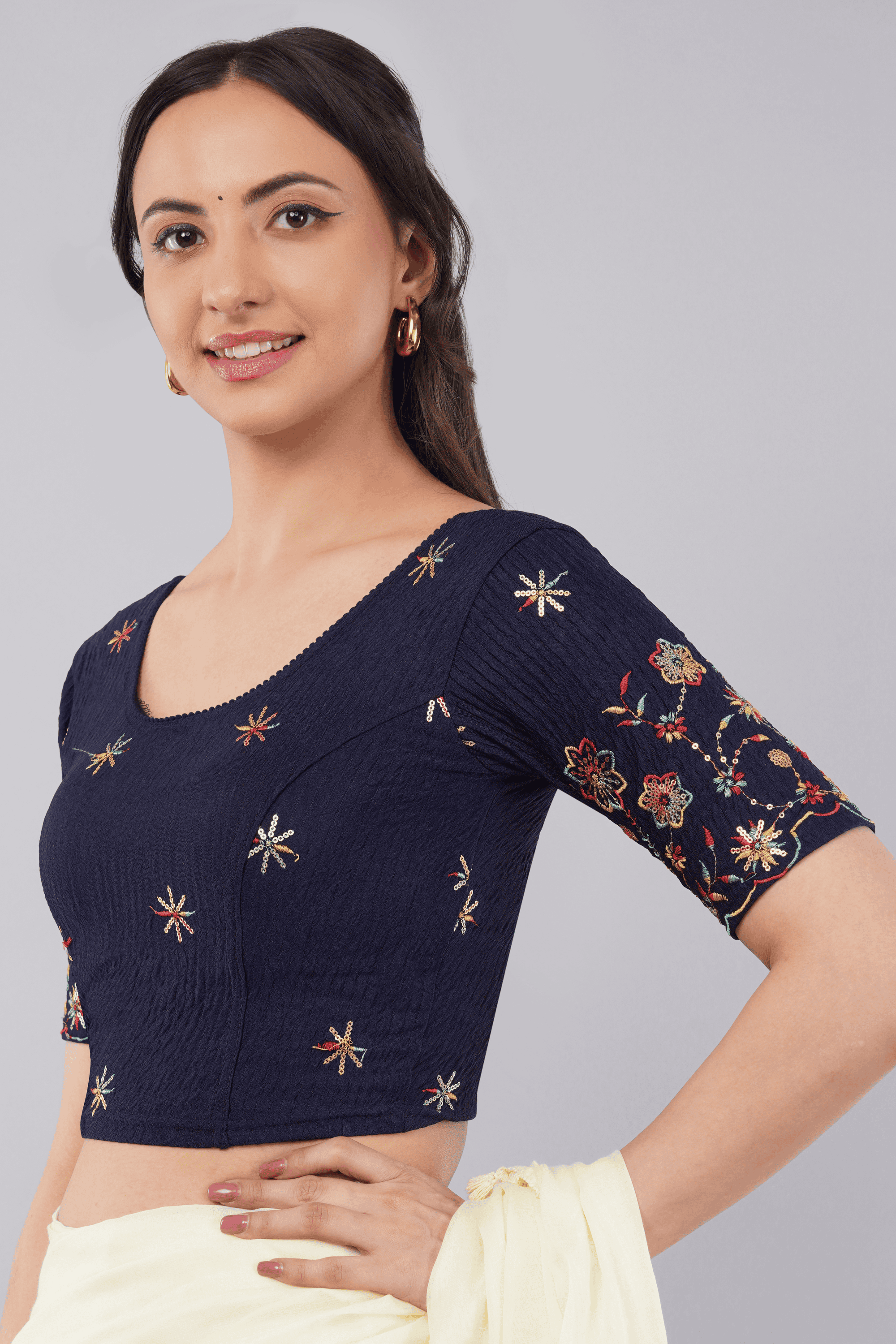 Maastricht Blue Embroidered Lycra Blouse with Floral Sleeves