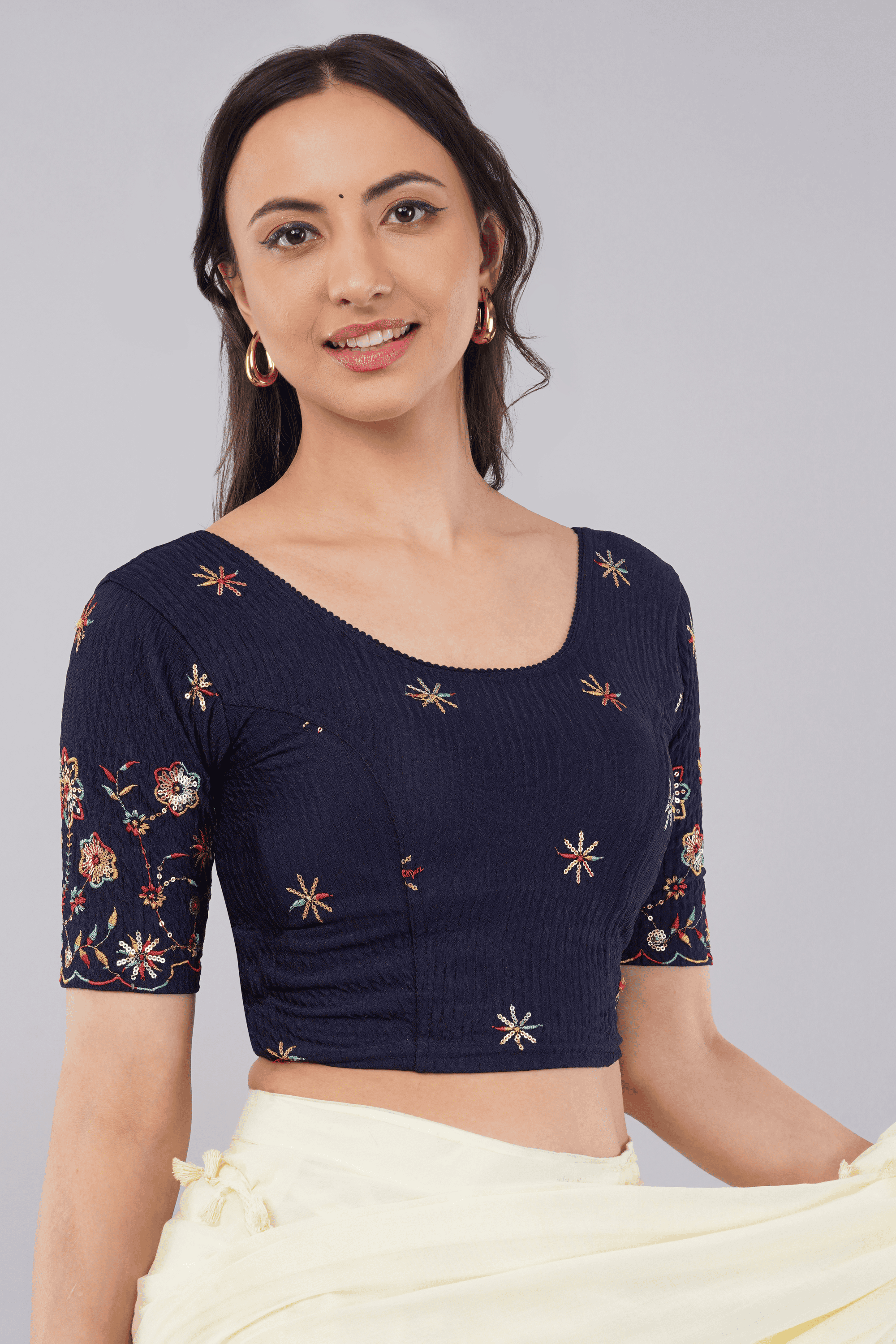 Maastricht Blue Embroidered Lycra Blouse with Floral Sleeves