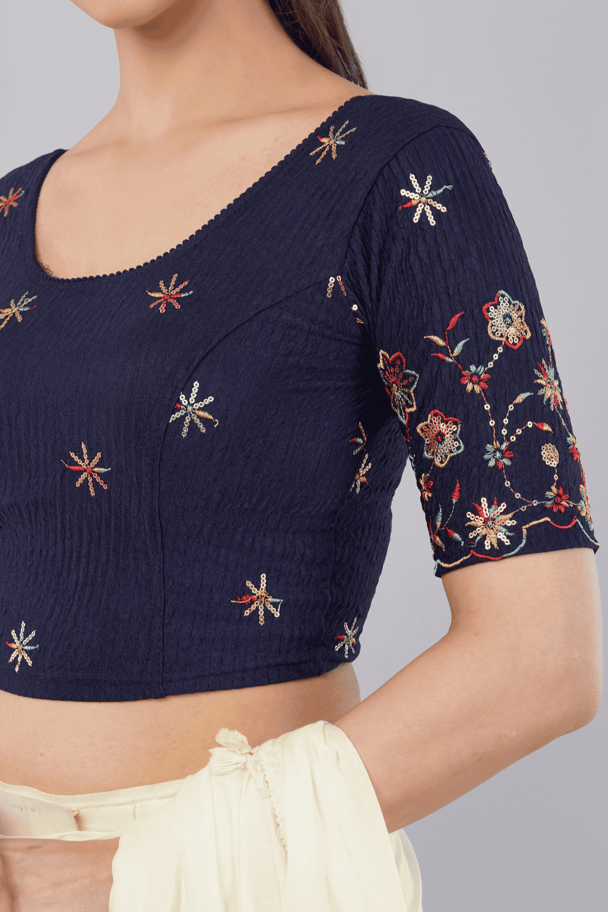 Maastricht Blue Embroidered Lycra Blouse with Floral Sleeves