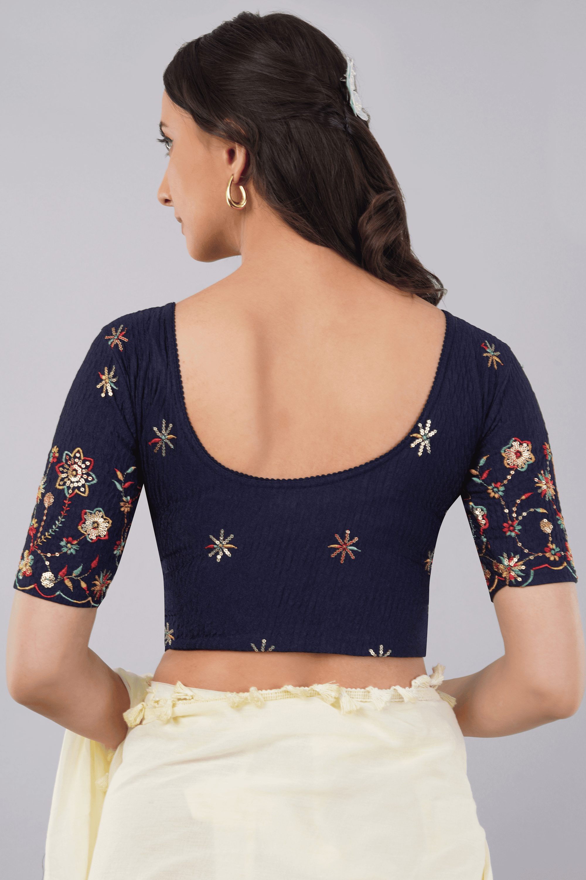 Maastricht Blue Embroidered Lycra Blouse with Floral Sleeves