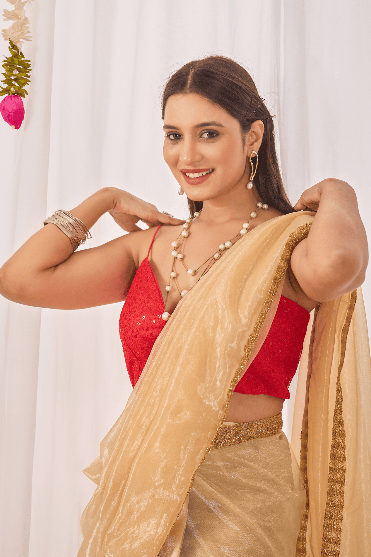 Champagne Gold Shimmer Ready-to-Wear Saree with Contrast Red Sequin Blouse