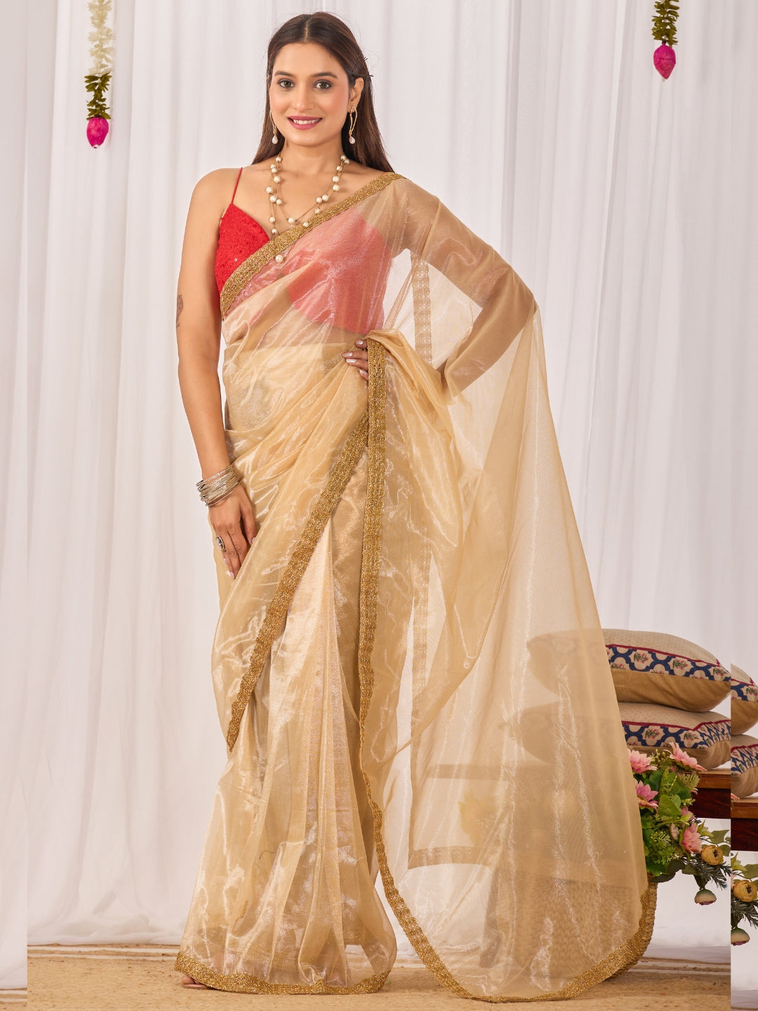Champagne Gold Shimmer Ready-to-Wear Saree with Contrast Red Sequin Blouse