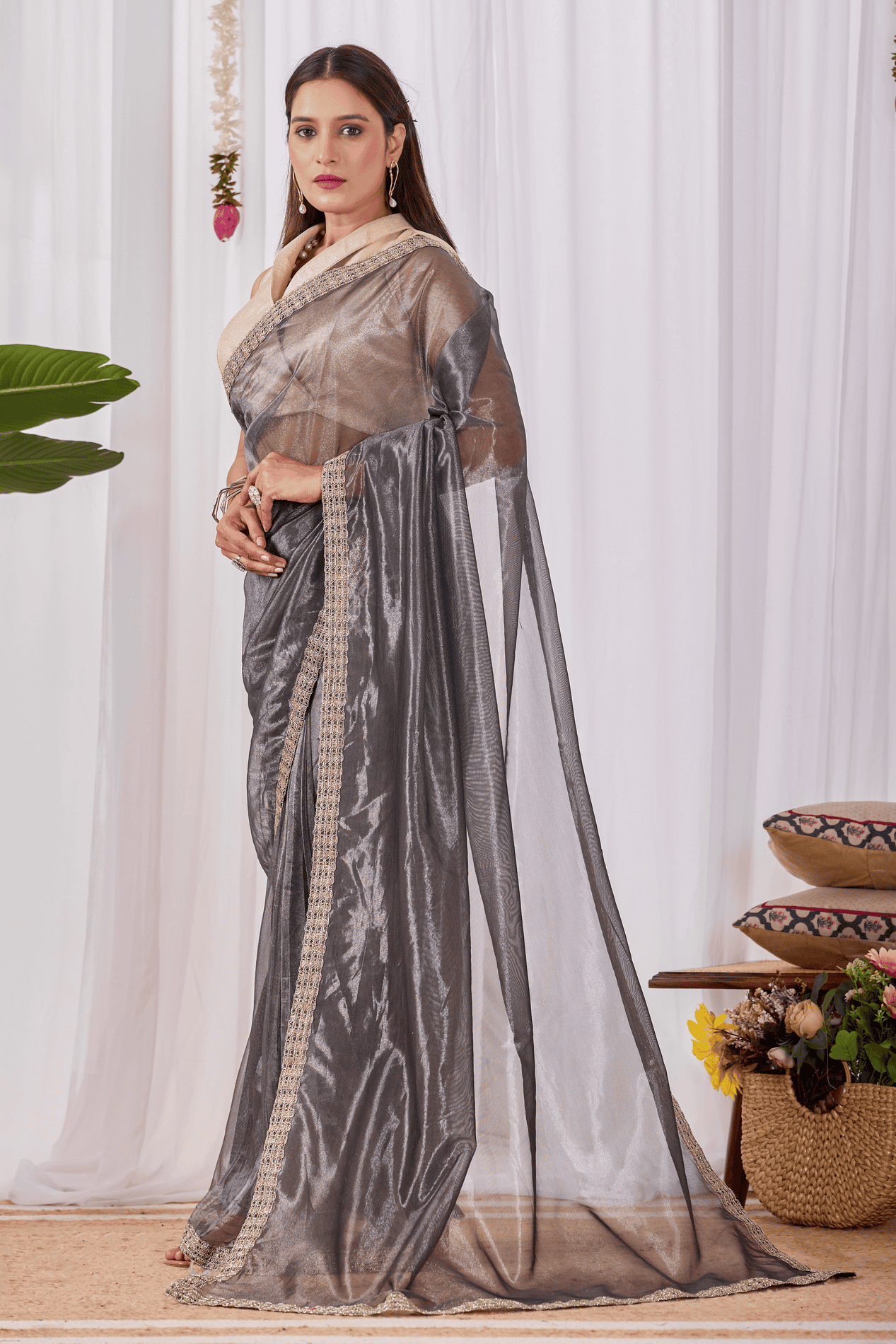 Charcoal Grey Ready-to-Wear Shimmer Saree with Sequin Border and Gold Wrap Blouse