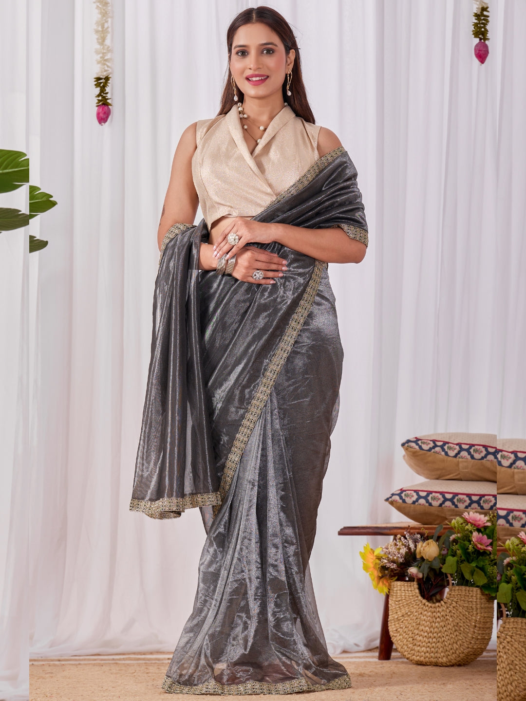 Charcoal Grey Ready-to-Wear Shimmer Saree with Sequin Border and Gold Wrap Blouse