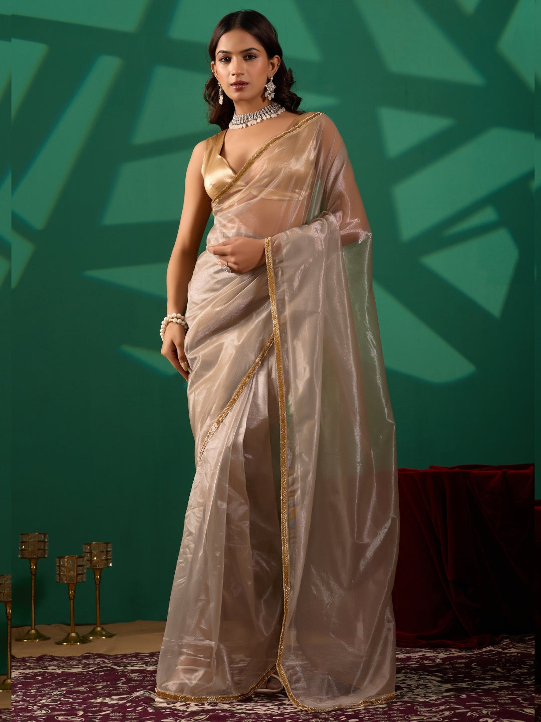 Charcoal Grey Metallic Ready-to-Wear Shimmer Saree with Sequin Border and Gold Wrap Blouse