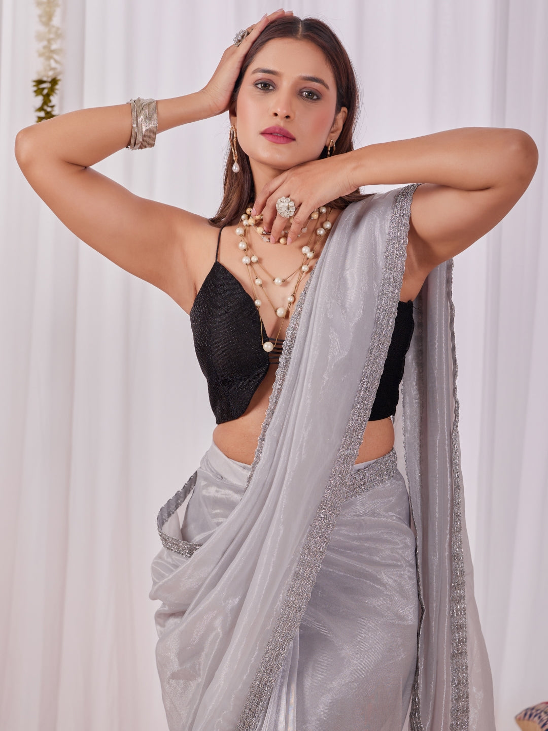 Silver-Gold Shimmer Ready-to-Wear Saree with Sequin Border and Red Strappy Blouse