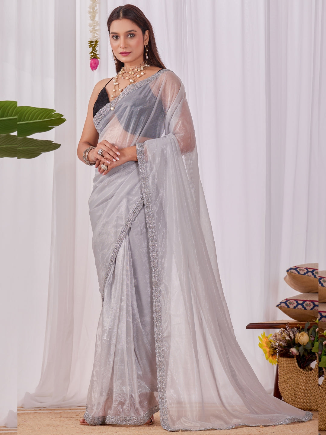 Silver-Gold Shimmer Ready-to-Wear Saree with Sequin Border and Red Strappy Blouse