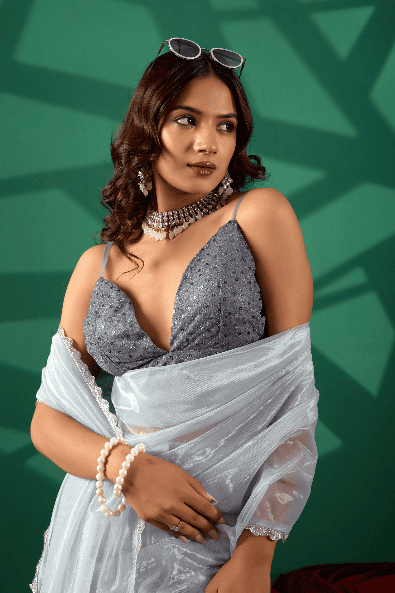 Sky Blue Shimmer Ready-to-Wear Saree with Sequin Scalloped Border and Embellished Blouse