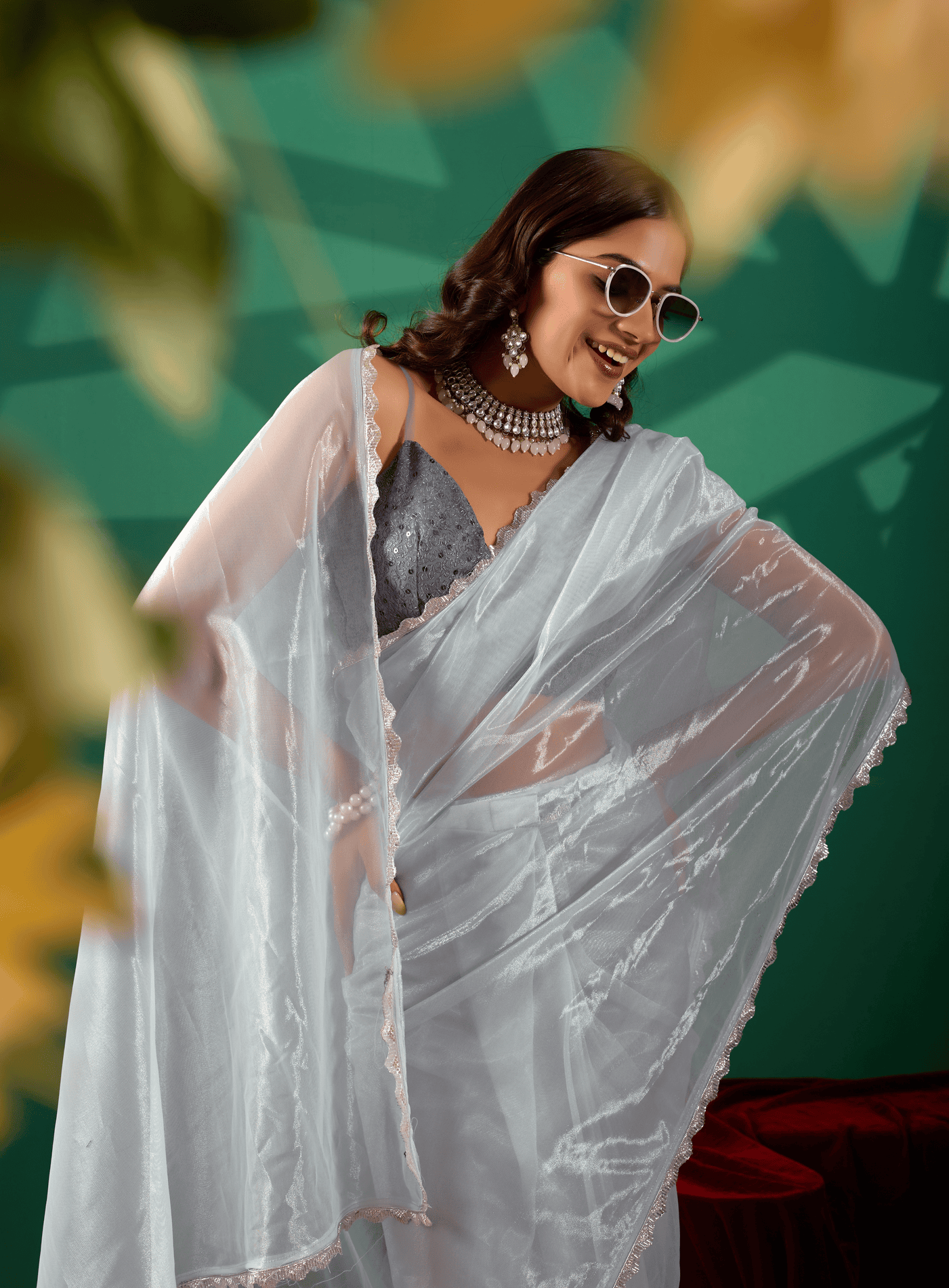 Sky Blue Shimmer Ready-to-Wear Saree with Sequin Scalloped Border and Embellished Blouse