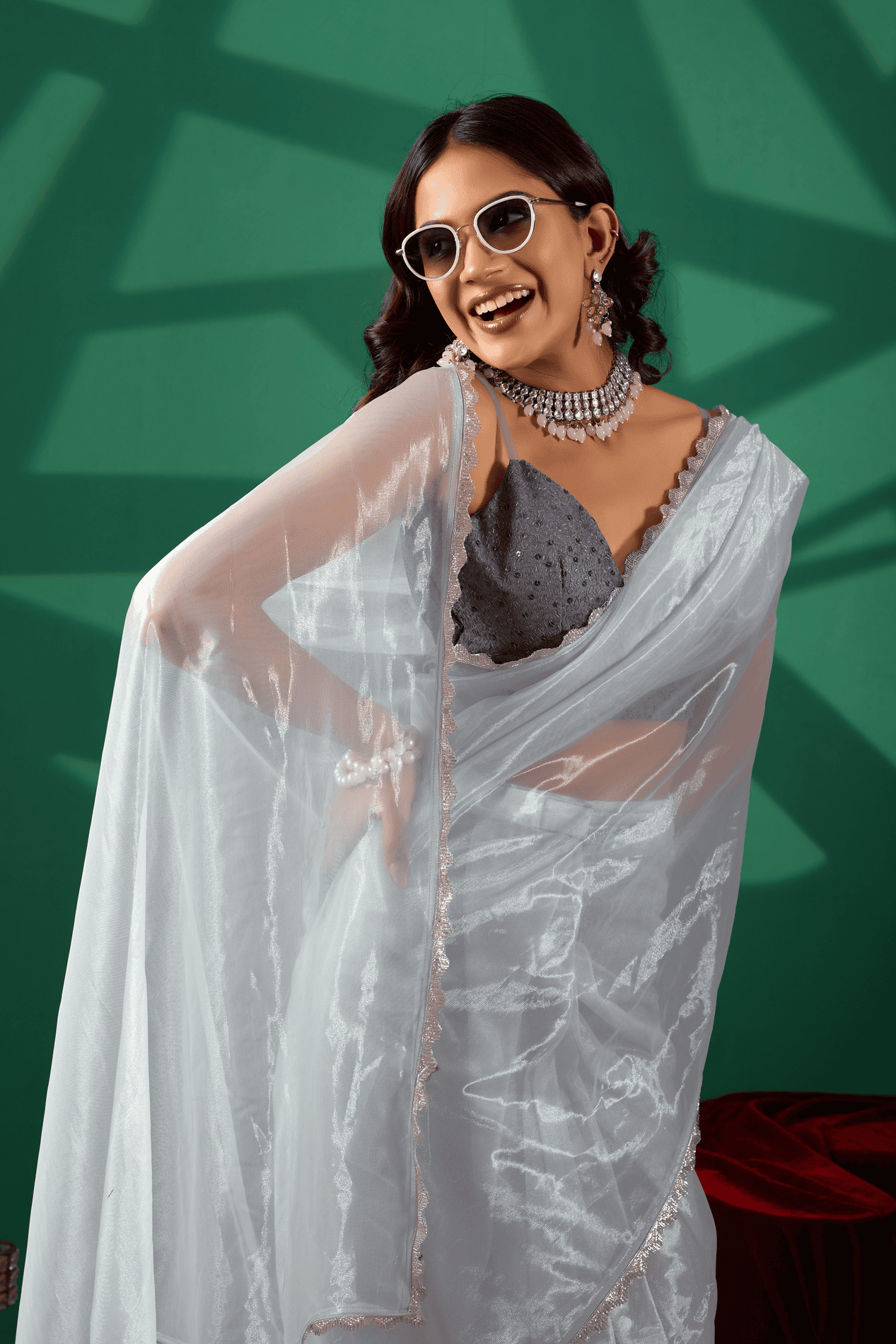 Sky Blue Shimmer Ready-to-Wear Saree with Sequin Scalloped Border and Embellished Blouse