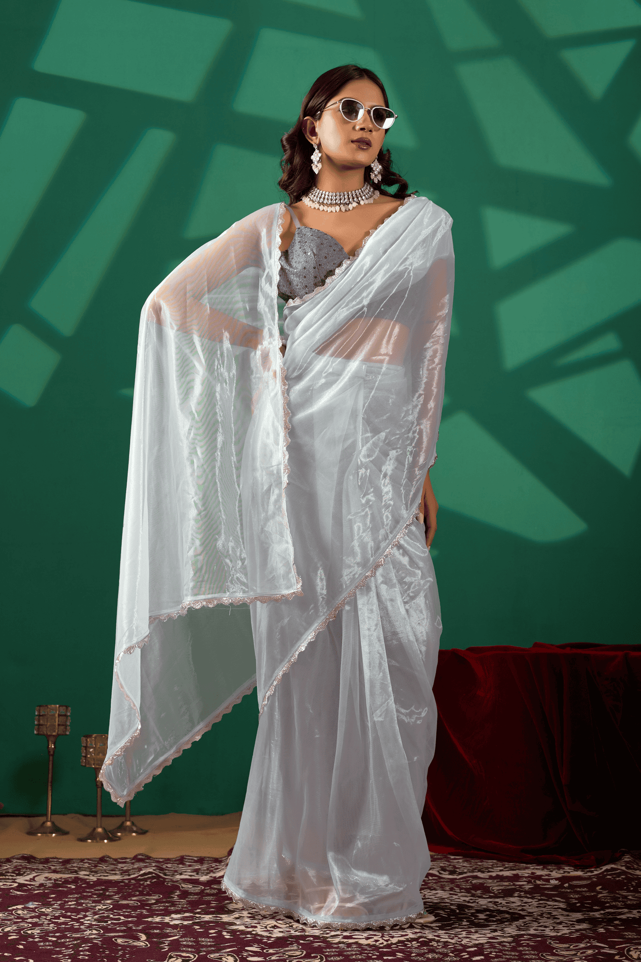 Sky Blue Shimmer Ready-to-Wear Saree with Sequin Scalloped Border and Embellished Blouse