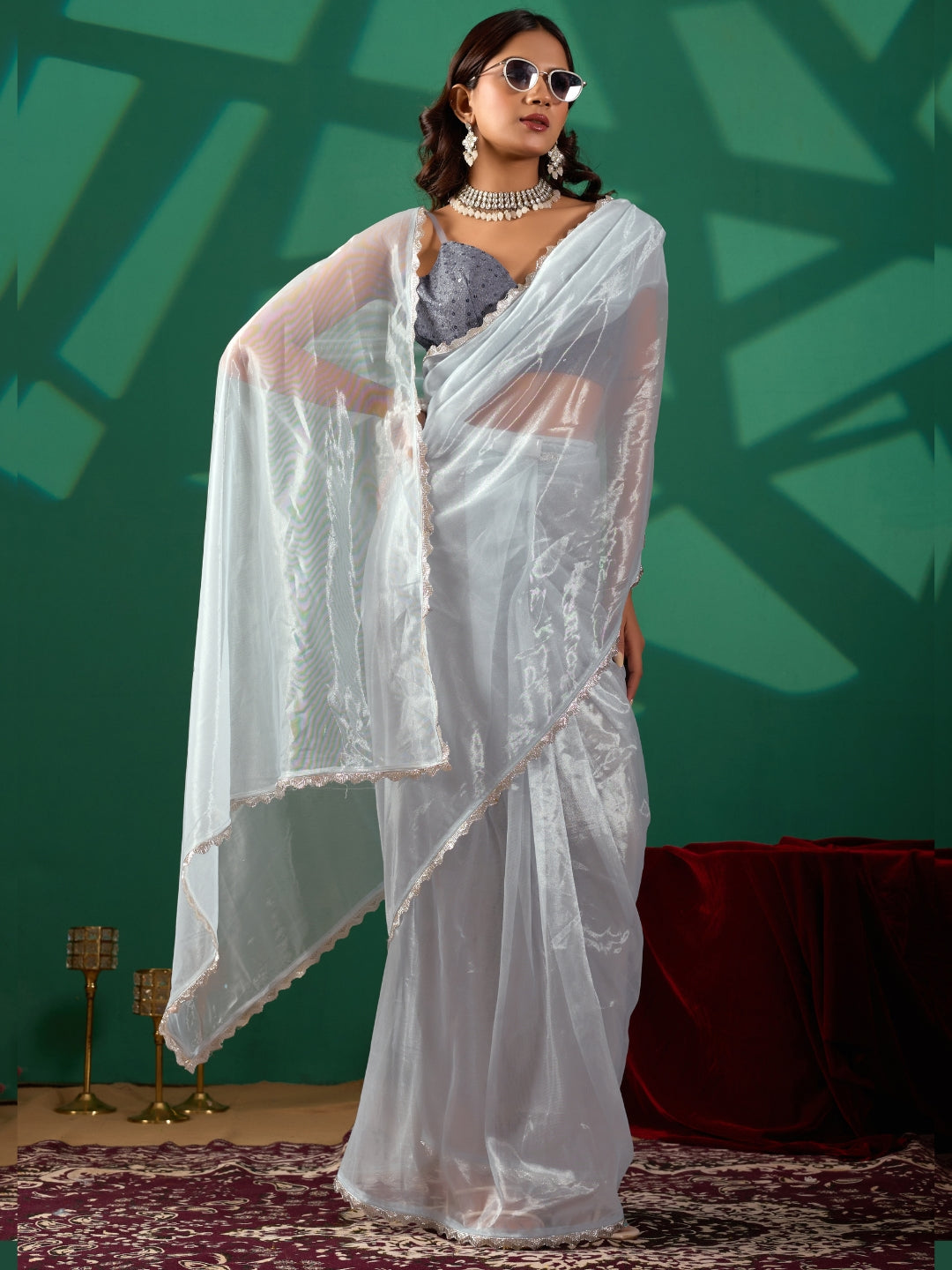 Sky Blue Shimmer Ready-to-Wear Saree with Sequin Scalloped Border and Embellished Blouse