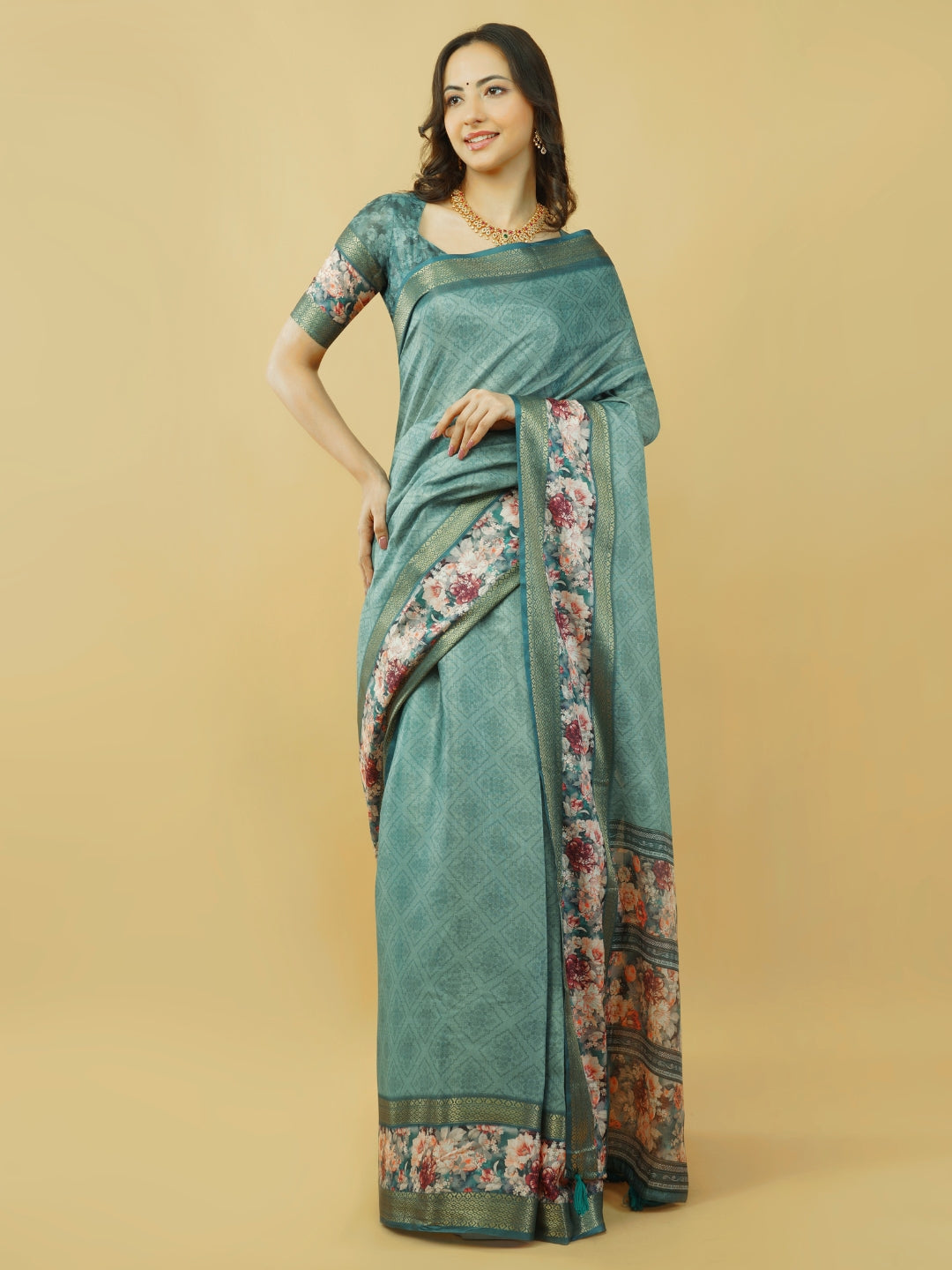 Slate Grey & Earthy Beige Abstract Block-Print Saree