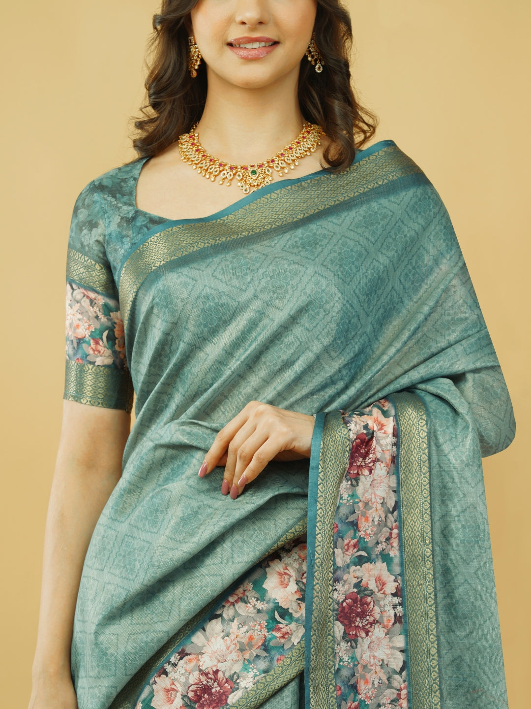 Slate Grey & Earthy Beige Abstract Block-Print Saree