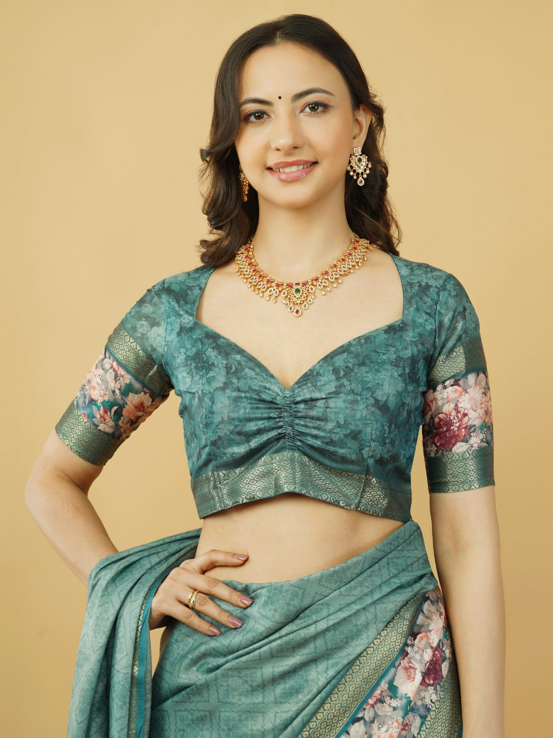 Slate Grey & Earthy Beige Abstract Block-Print Saree