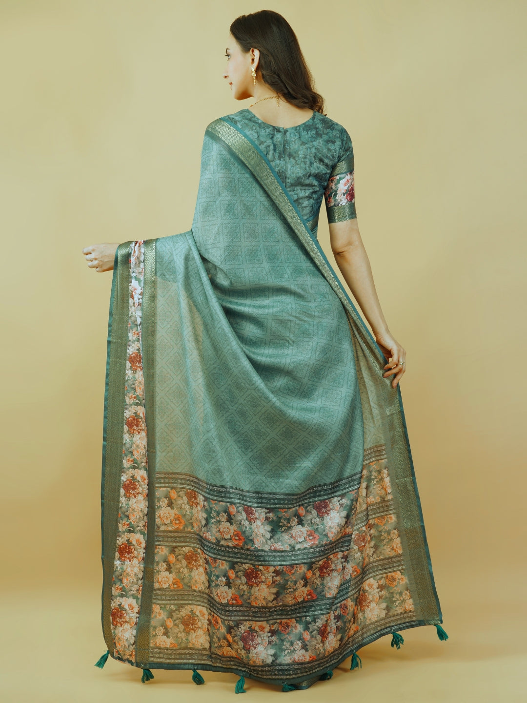 Slate Grey & Earthy Beige Abstract Block-Print Saree