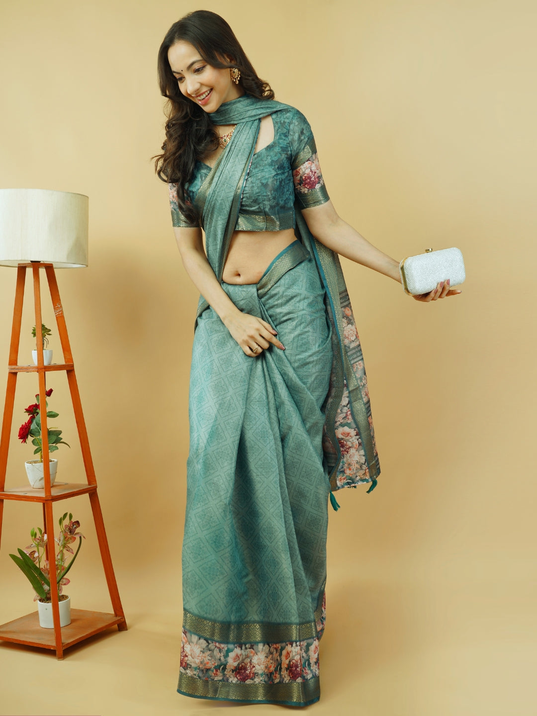 Slate Grey & Earthy Beige Abstract Block-Print Saree