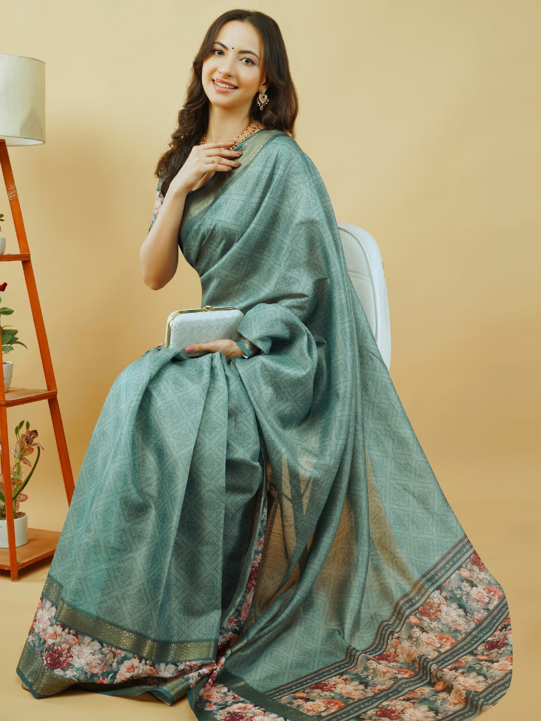 Slate Grey & Earthy Beige Abstract Block-Print Saree