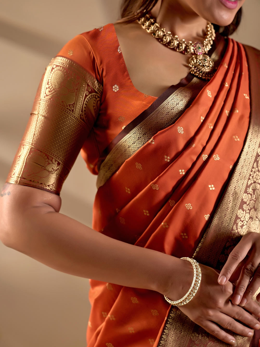 Samantha Orange Woven Design Premium Traditional Silk Fabric Saree With Orange Unstitched Blouse Piece Featuring A Heavy Zari Border For Women Ethnic Wedding And Festive Wear