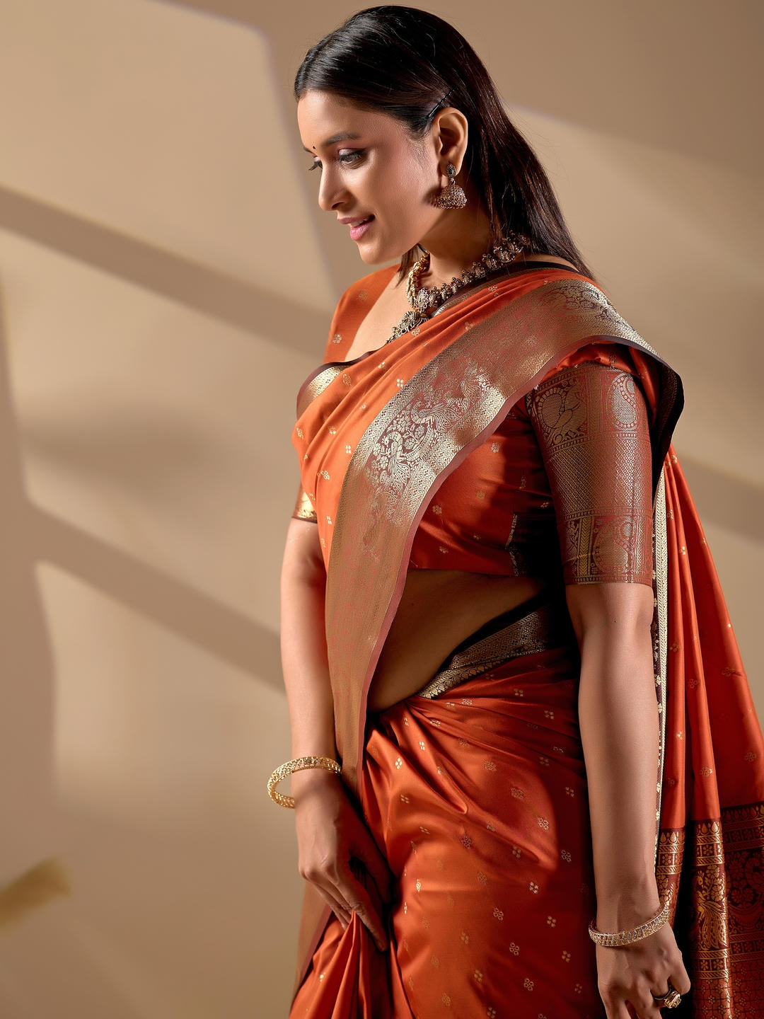 Samantha Orange Woven Design Premium Traditional Silk Fabric Saree With Orange Unstitched Blouse Piece Featuring A Heavy Zari Border For Women Ethnic Wedding And Festive Wear
