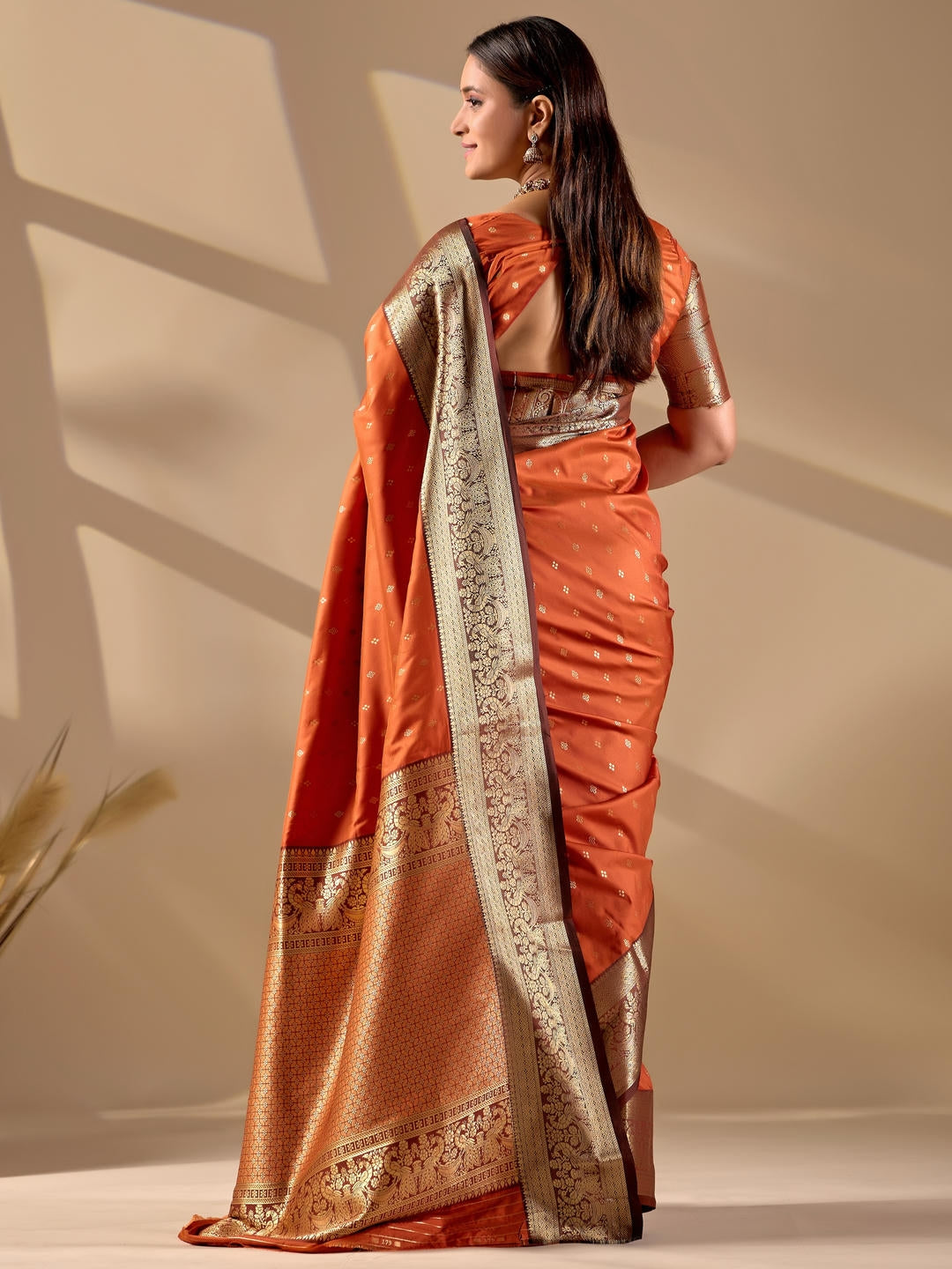 Samantha Orange Woven Design Premium Traditional Silk Fabric Saree With Orange Unstitched Blouse Piece Featuring A Heavy Zari Border For Women Ethnic Wedding And Festive Wear