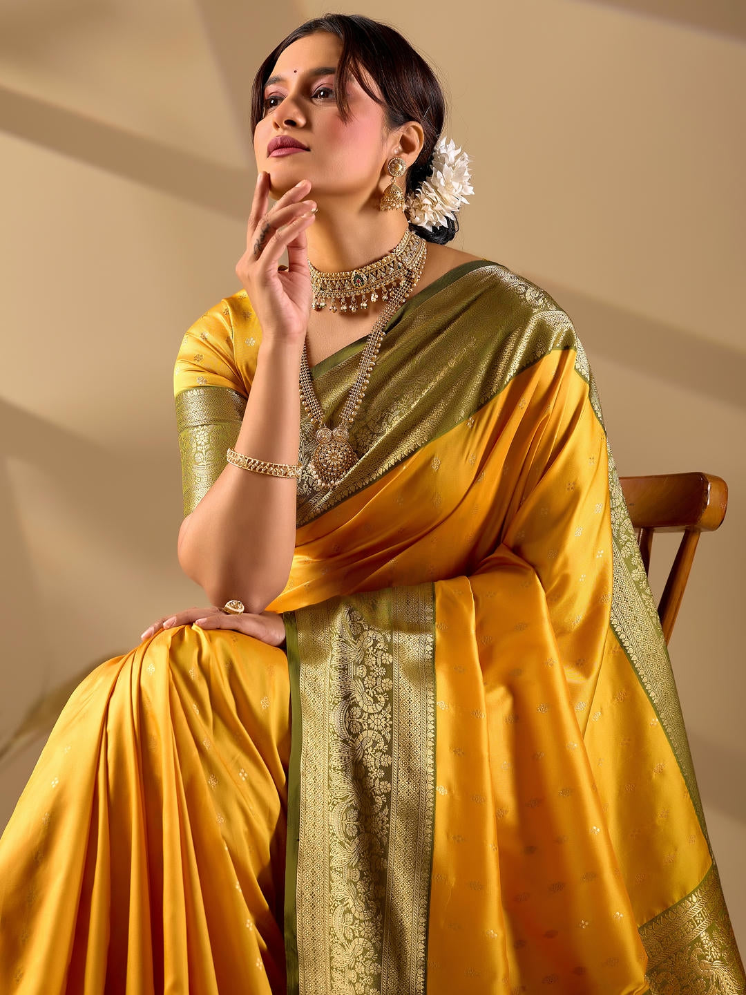 Samantha Yellow Woven Design Premium Traditional Silk Fabric Saree With Yellow Unstitched Blouse Piece Featuring A Heavy Zari Border For Women Ethnic Wedding And Festive Wear