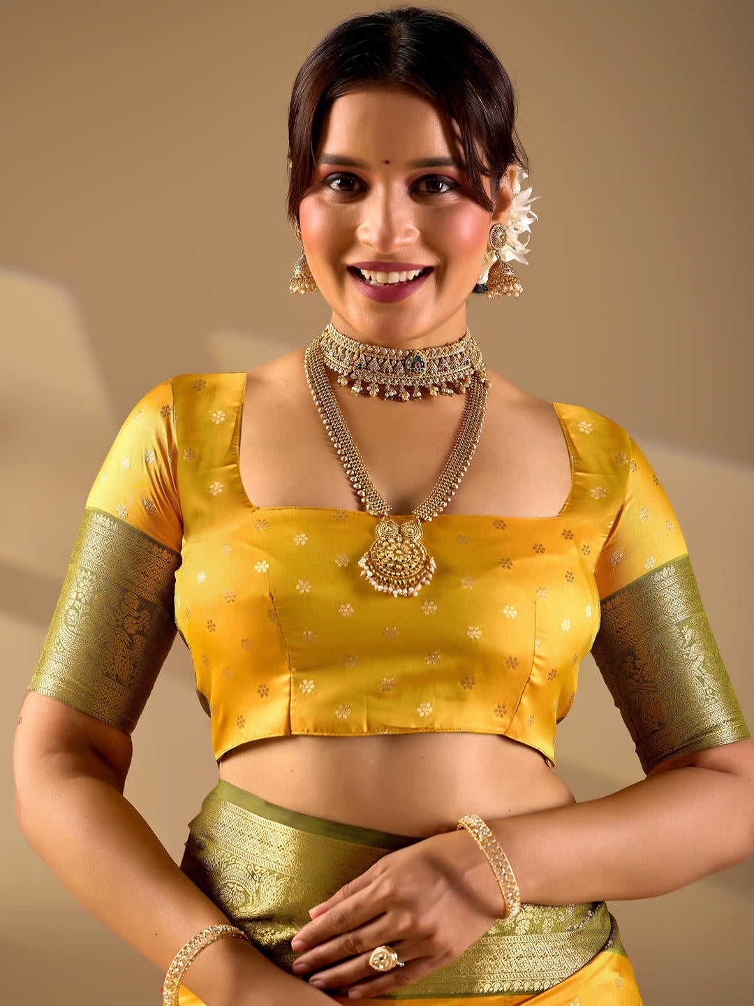 Samantha Yellow Woven Design Premium Traditional Silk Fabric Saree With Yellow Unstitched Blouse Piece Featuring A Heavy Zari Border For Women Ethnic Wedding And Festive Wear