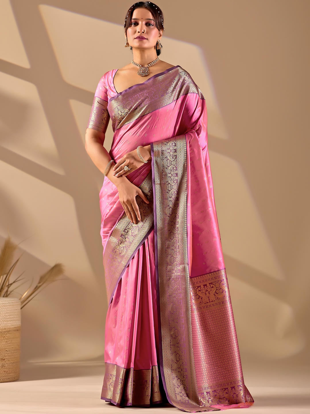 Samantha Pink Woven Design Premium Traditional Silk Fabric Saree With Pink Unstitched Blouse Piece Featuring A Heavy Zari Border For Women Ethnic Wedding And Festive Wear