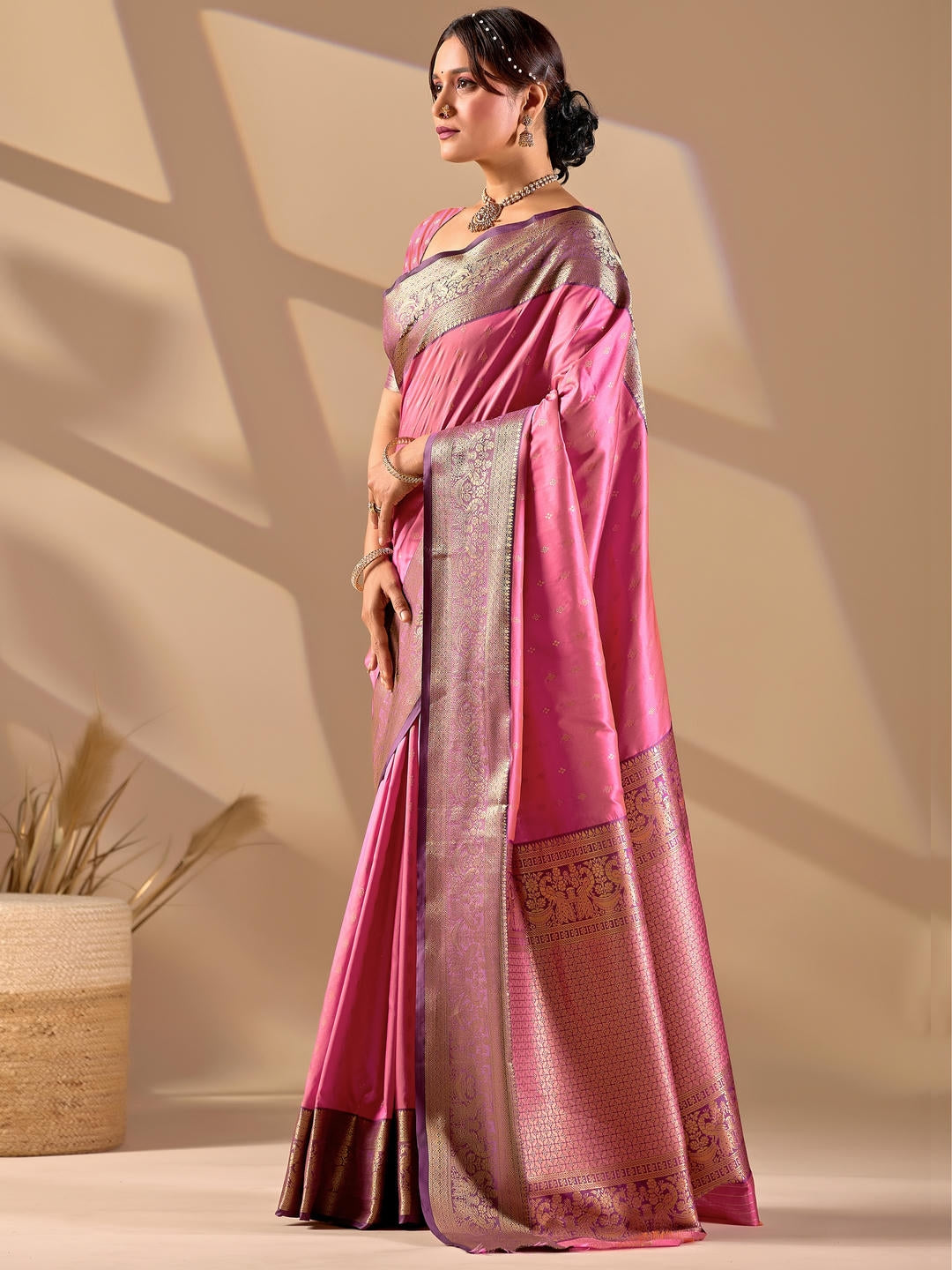 Samantha Pink Woven Design Premium Traditional Silk Fabric Saree With Pink Unstitched Blouse Piece Featuring A Heavy Zari Border For Women Ethnic Wedding And Festive Wear