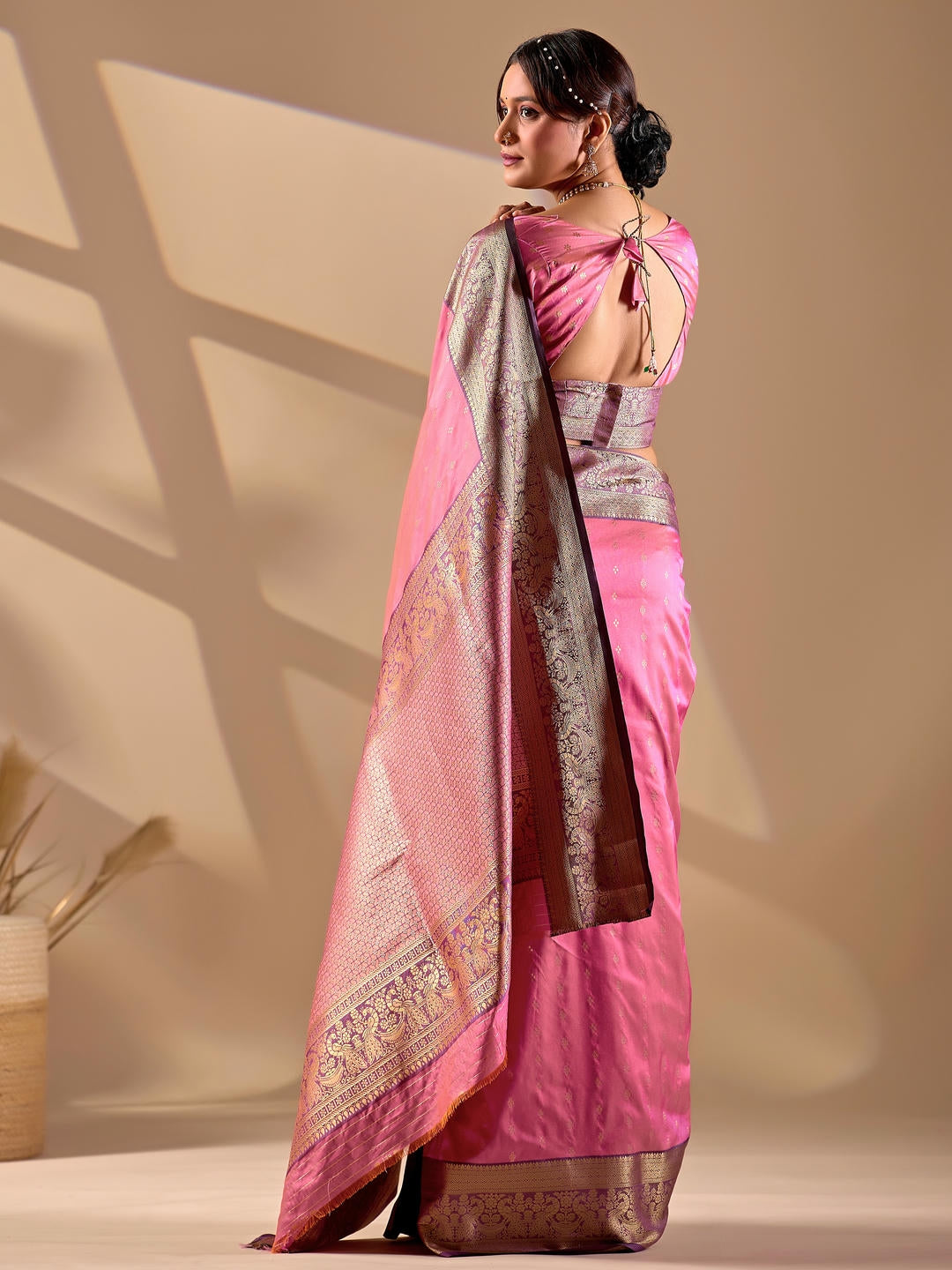Samantha Pink Woven Design Premium Traditional Silk Fabric Saree With Pink Unstitched Blouse Piece Featuring A Heavy Zari Border For Women Ethnic Wedding And Festive Wear