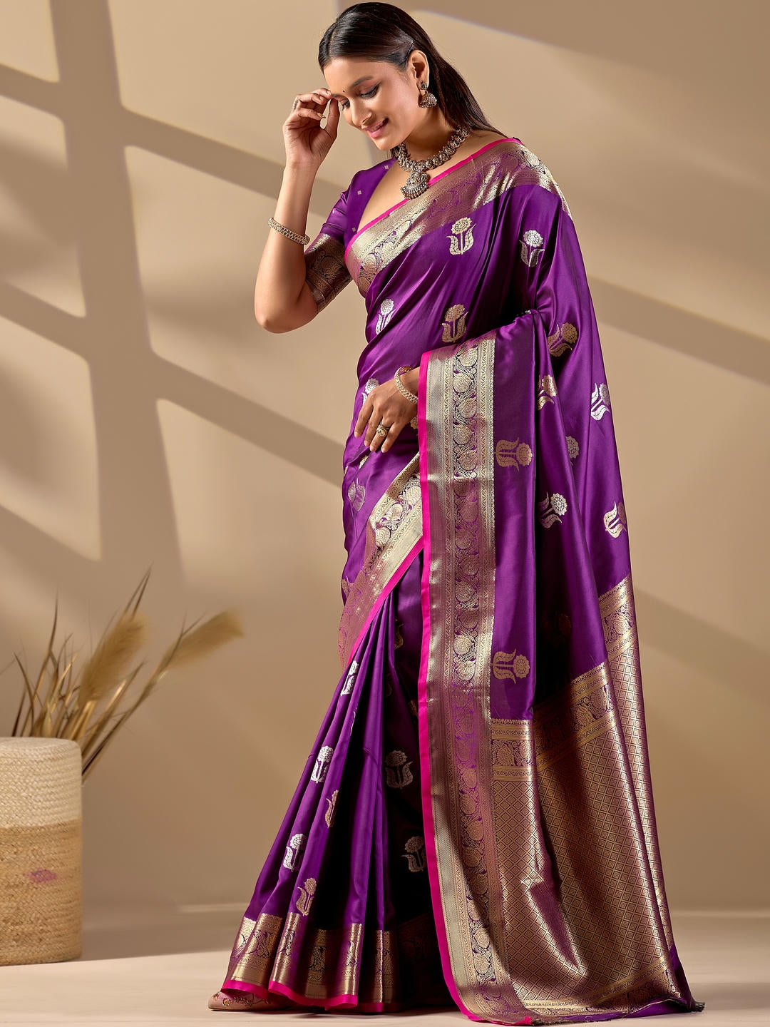 Samantha Purple Woven Design Premium Traditional Silk Fabric Saree With Purple Unstitched Blouse Piece Featuring A Heavy Zari Border For Women Ethnic Wedding And Festive Wear