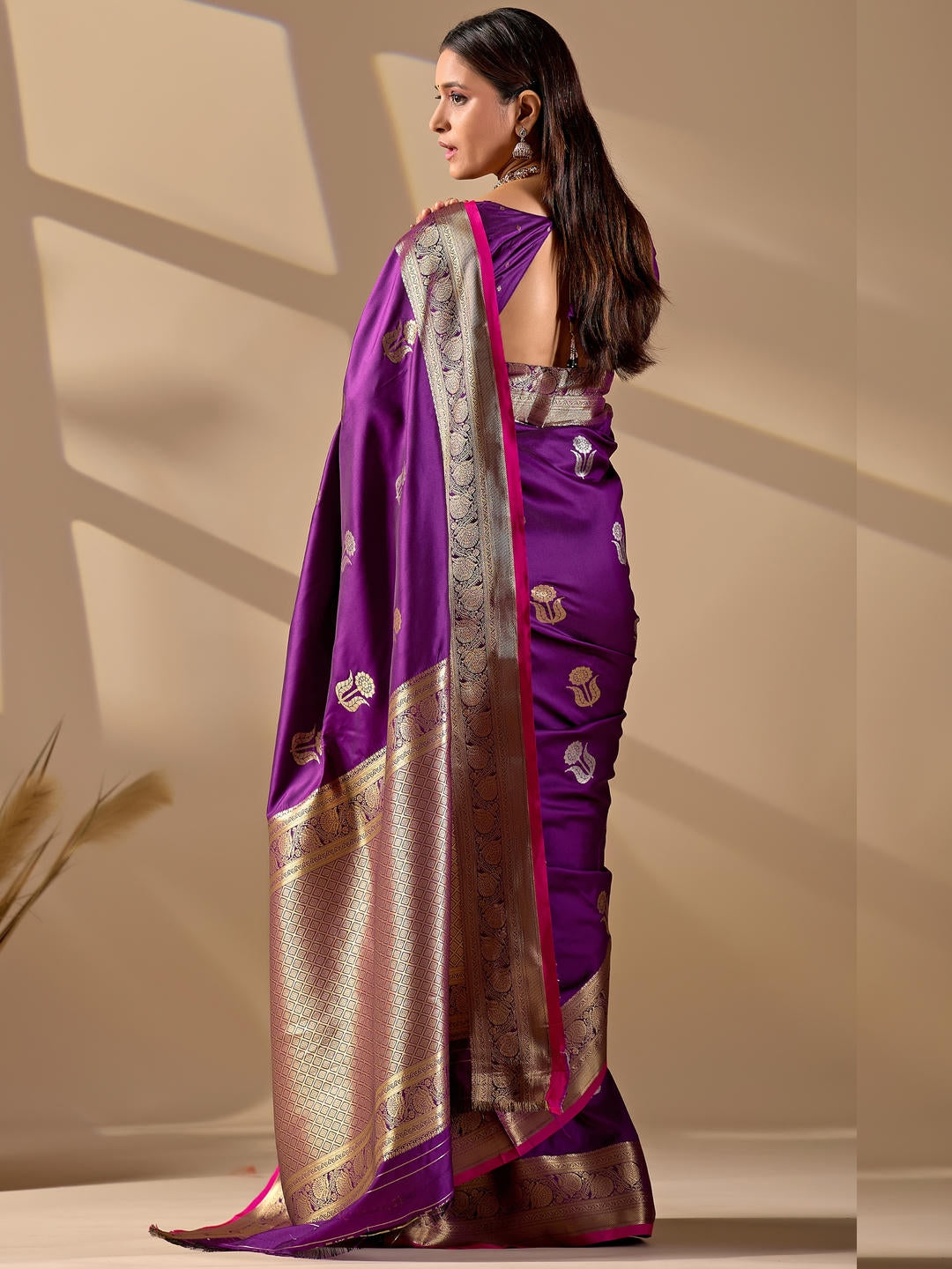 Samantha Purple Woven Design Premium Traditional Silk Fabric Saree With Purple Unstitched Blouse Piece Featuring A Heavy Zari Border For Women Ethnic Wedding And Festive Wear