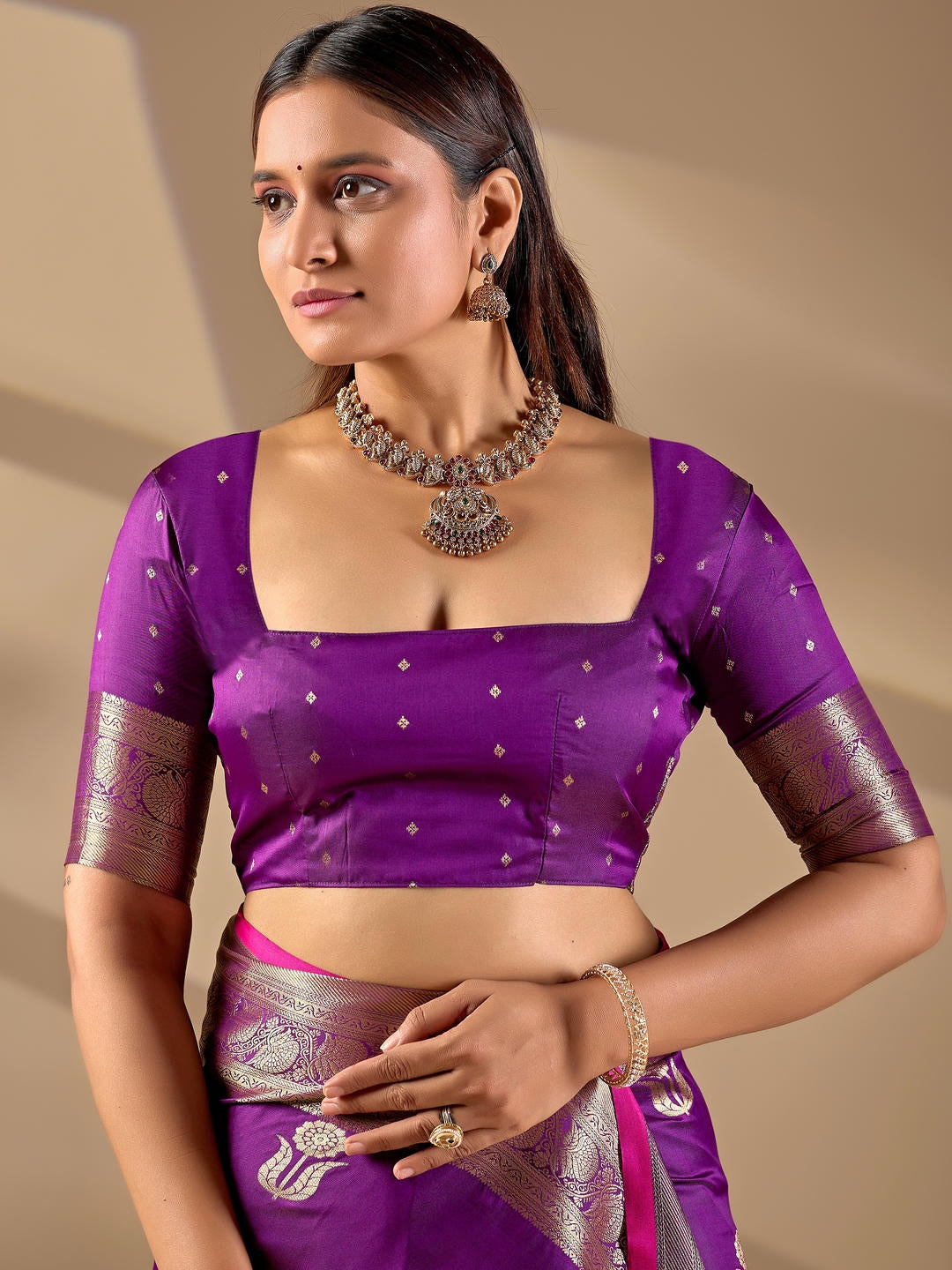 Samantha Purple Woven Design Premium Traditional Silk Fabric Saree With Purple Unstitched Blouse Piece Featuring A Heavy Zari Border For Women Ethnic Wedding And Festive Wear